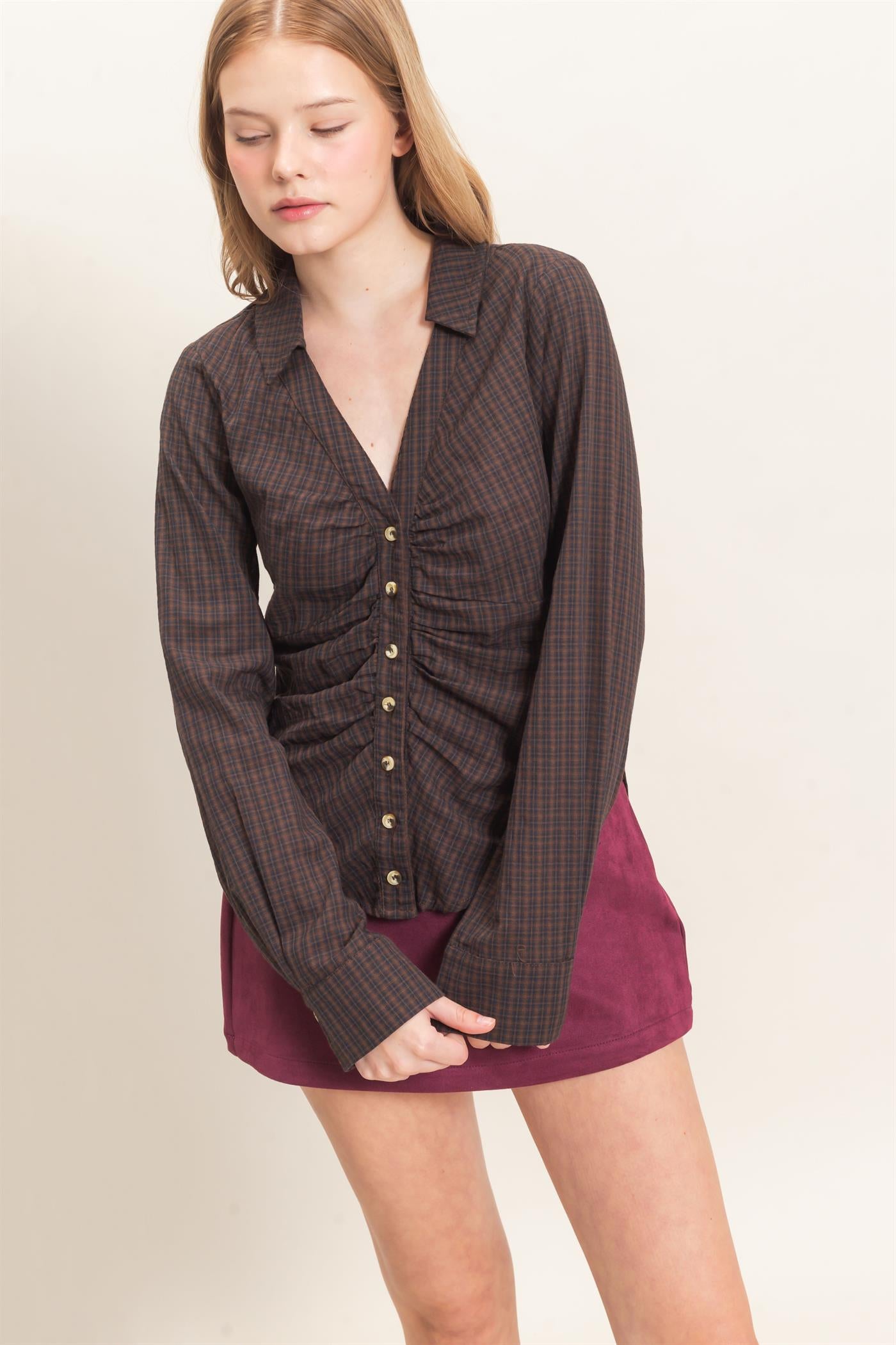 Wholesale Ruched Button-Down Shirt Blouses HF26E348 BROWN HYFVE