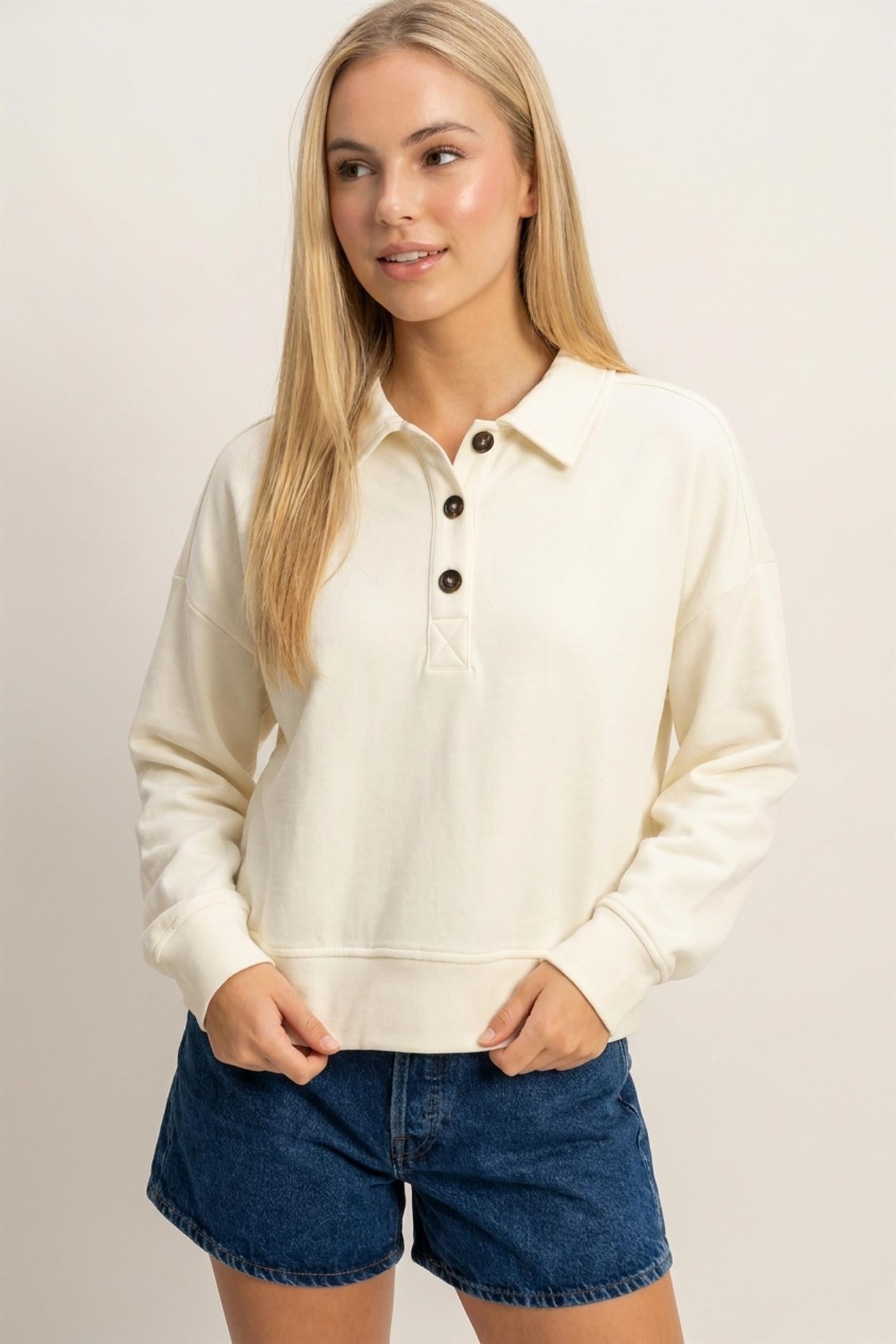 Wholesale Washed Button-Front Collared Sweatshirt Sweatshirts DZ26E390 CREAM DOUBLE ZERO