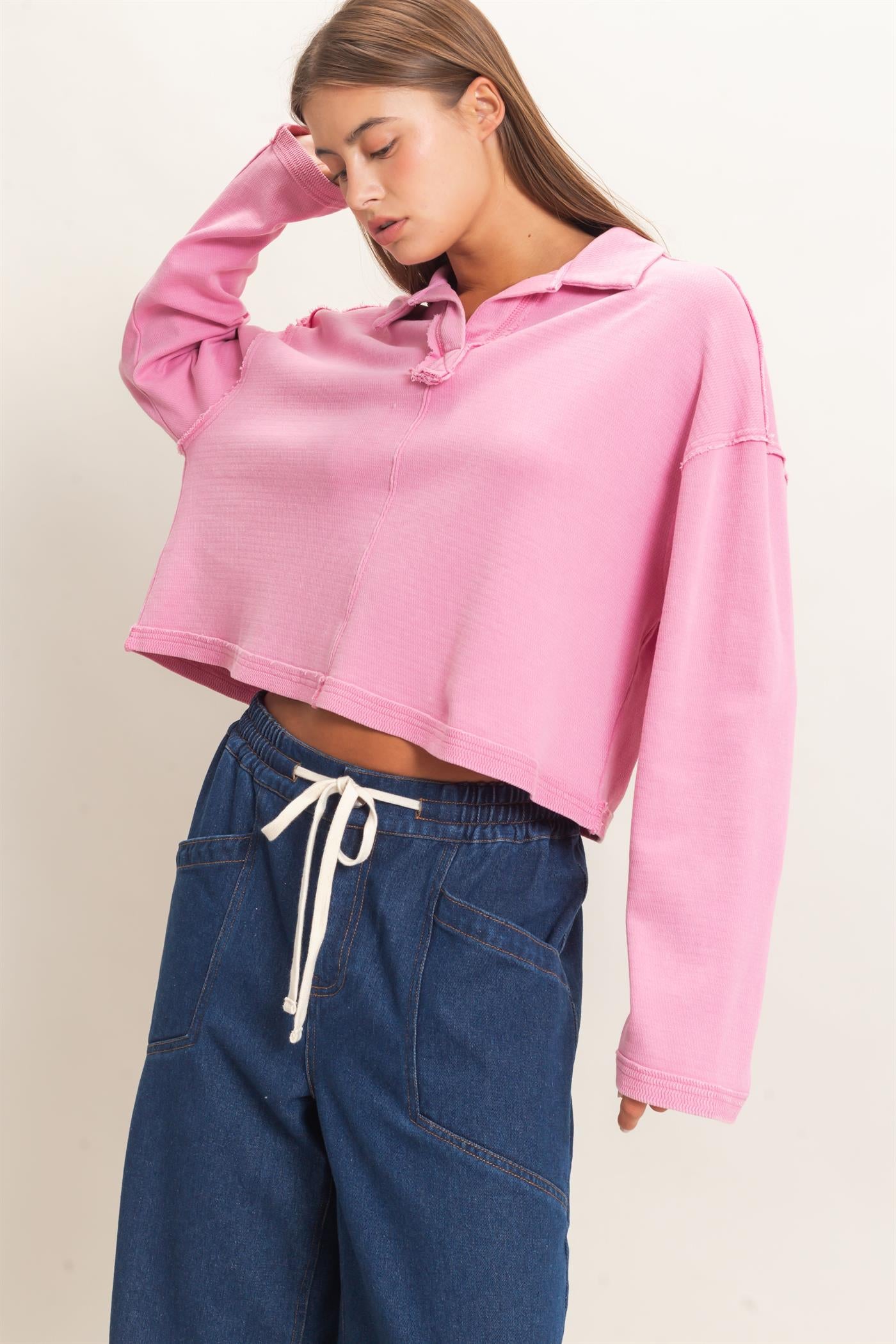 Wholesale Mineral Wash Textured Collar Top Polos DZ26E814 PINK DOUBLE ZERO