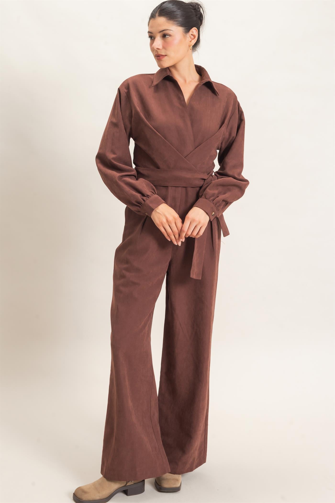 Wholesale Collared Wrap Suede Jumpsuit Clothing HF26C905 BROWN HYFVE