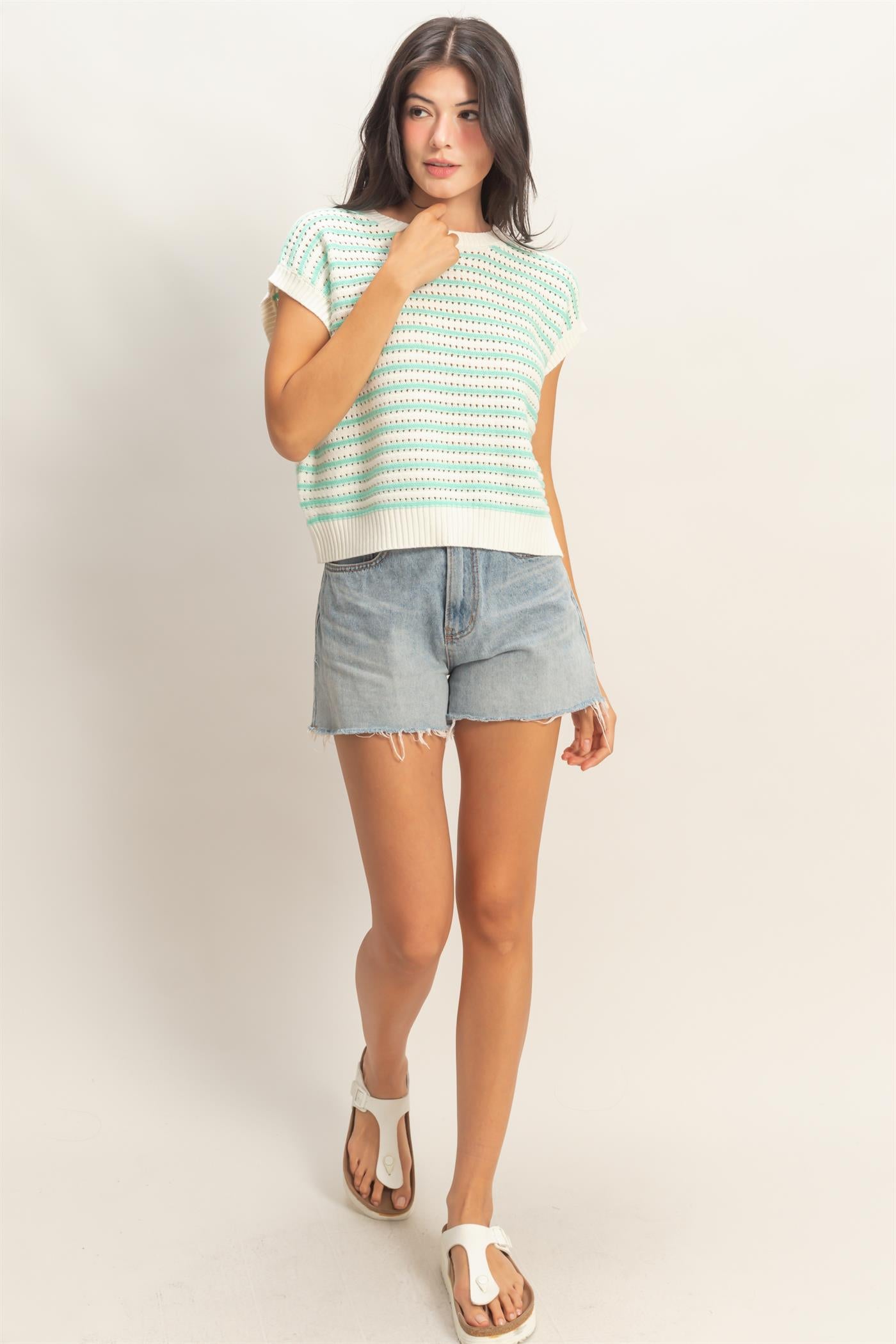 Wholesale Striped Sleeveless Crew Neck Top Sweaters DZ26A222 MINT DOUBLE ZERO