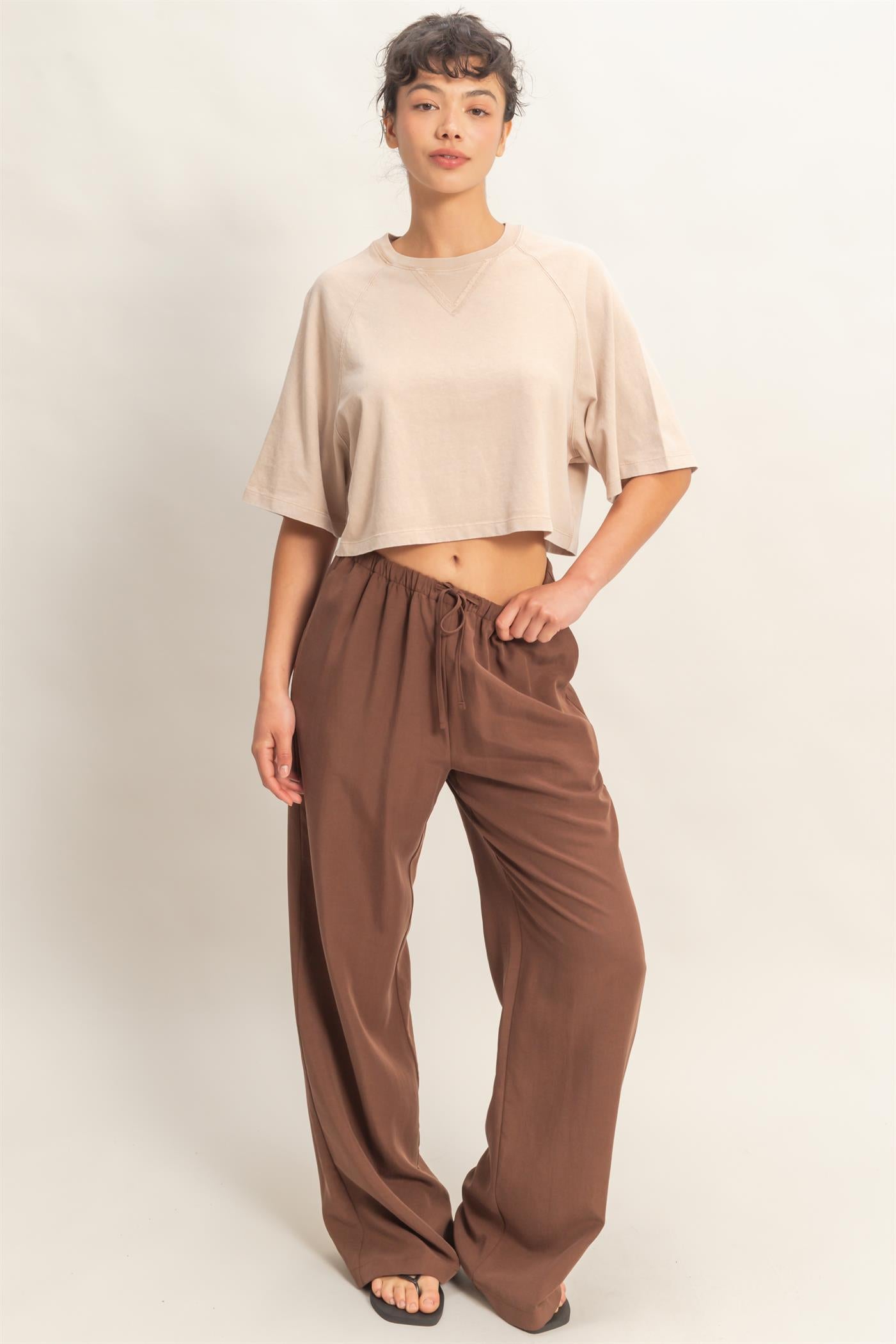 Wholesale Lyocell Linen Elastic Waist Straight Leg Pants Pants DZ26A979 CHOCOLATE DOUBLE ZERO
