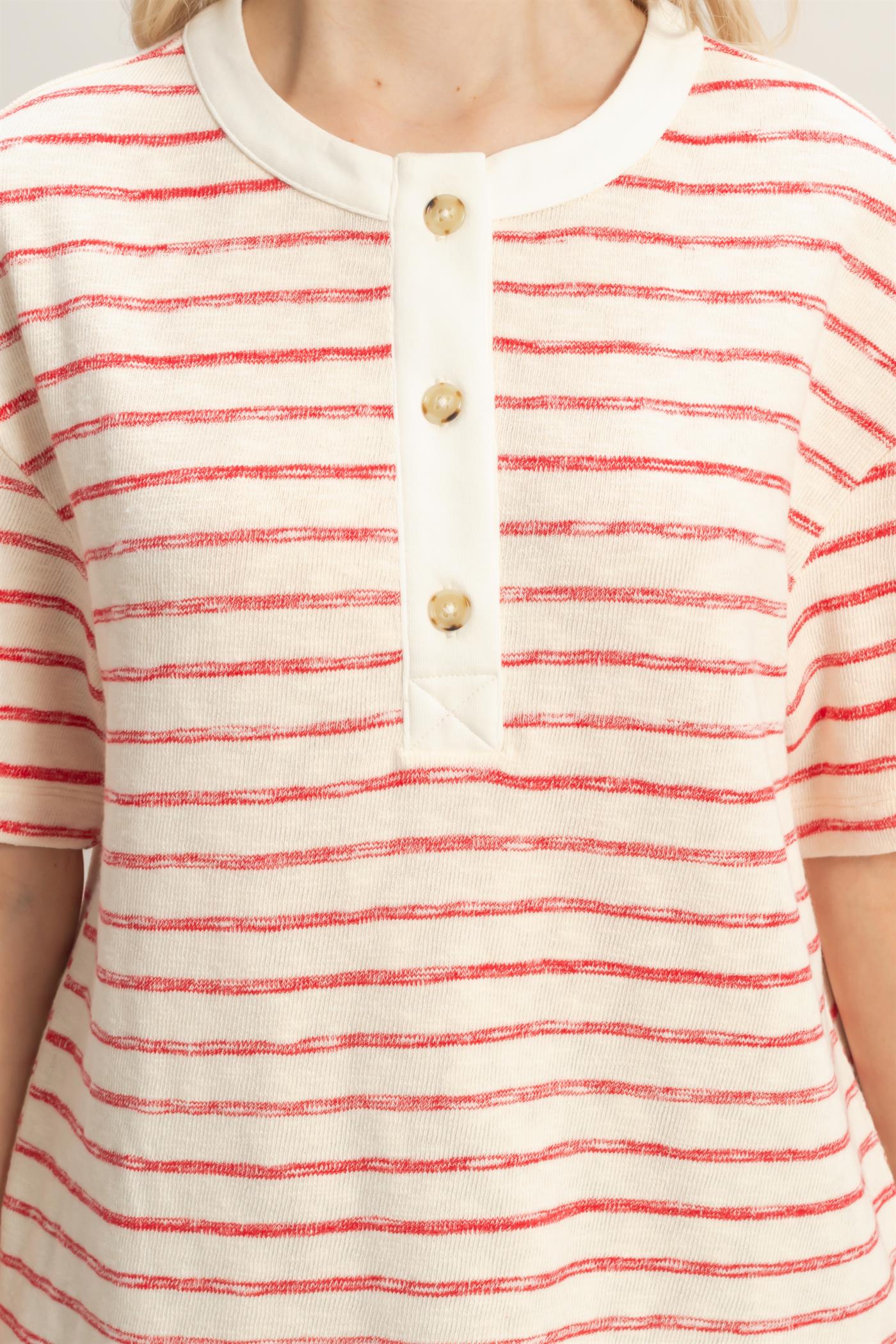 Wholesale Striped Short Sleeve Henley Top Clothing Tops DZ26A653 RED DOUBLE ZERO