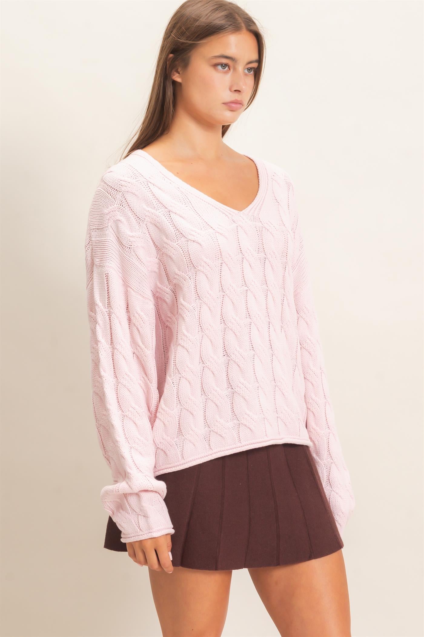 Wholesale Cable Knit V-Neck Sweater Sweaters DZ26E087 LIGHT PINK DOUBLE ZERO
