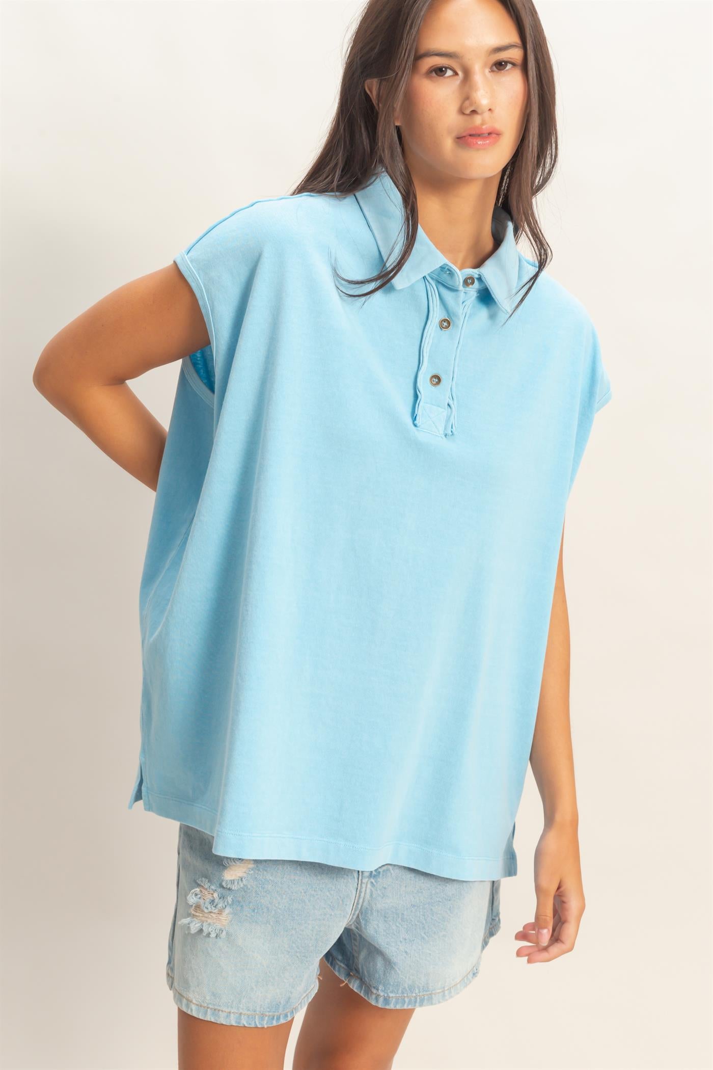 Wholesale Pigment Dye Sleeveless Polo Oversized Top Clothing Tops DZ26C618 BLUE DOUBLE ZERO
