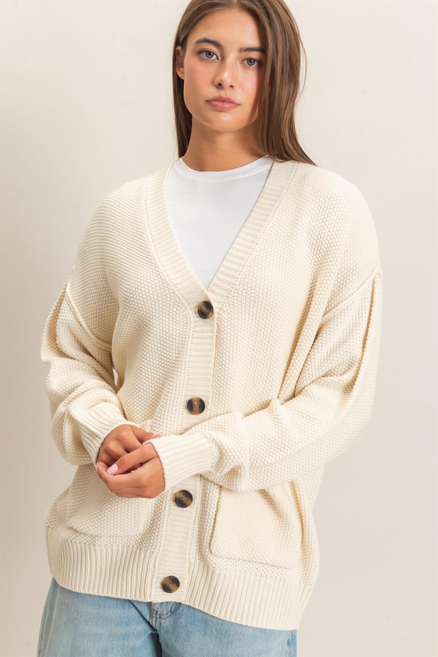 Wholesale Textured Oversized Knit Buttoned Cardigan Cardigans DZ26C971 CREAM DOUBLE ZERO