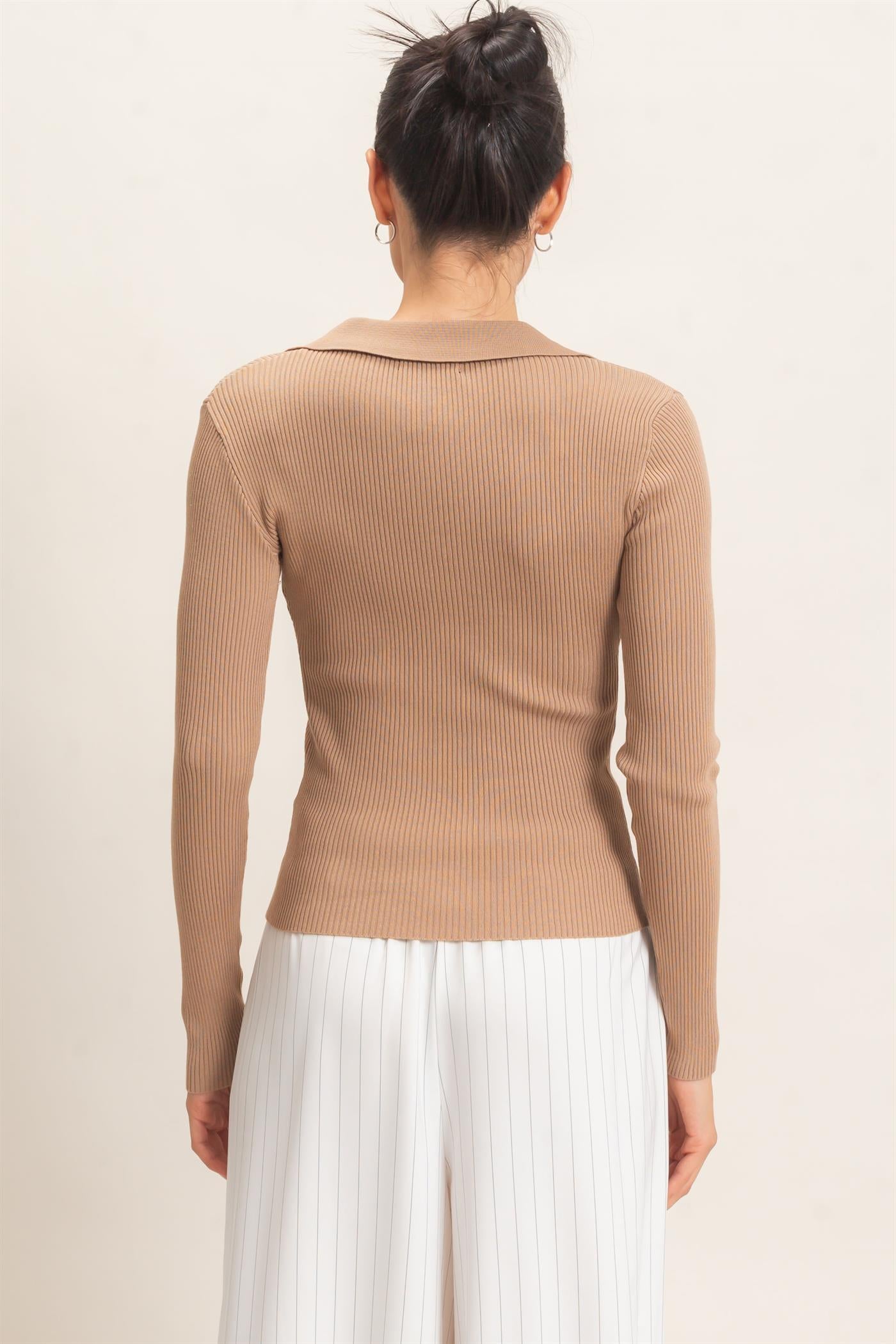 Wholesale Ribbed V-Neck Sweater With Collar Clothing Tops HF26E684 TAUPE HYFVE
