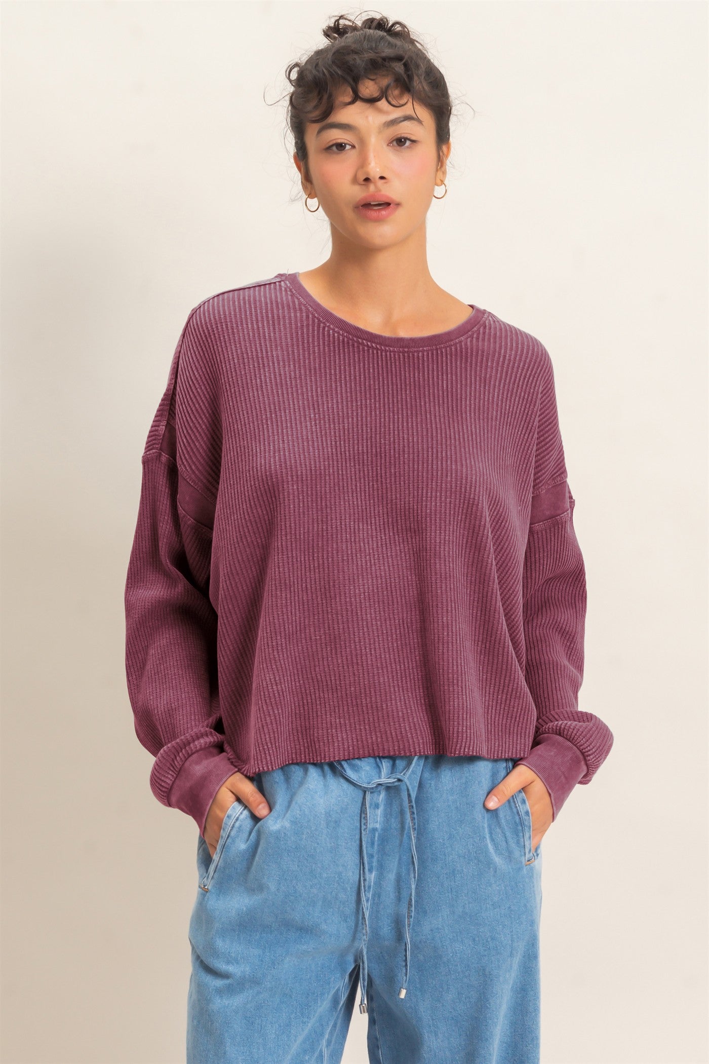 Wholesale Mineral Wash Waffle Open Back Top Clothing Tops DZ26C964 DARK CHERRY DOUBLE ZERO