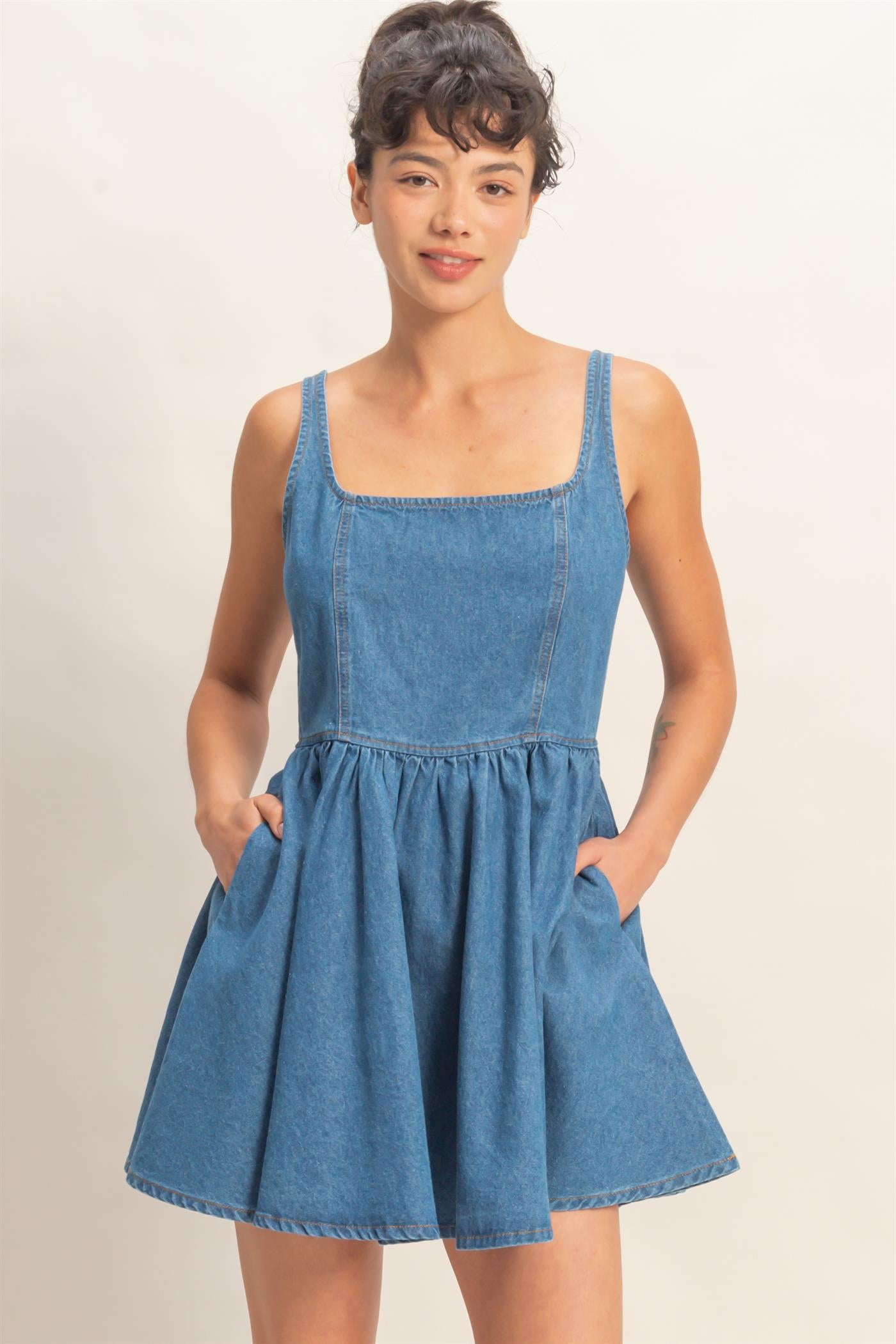 Wholesale Scoop Neck Denim Tank Flowy Mini Dress Dresses DZ26A998 MEDIUM BLUE DOUBLE ZERO