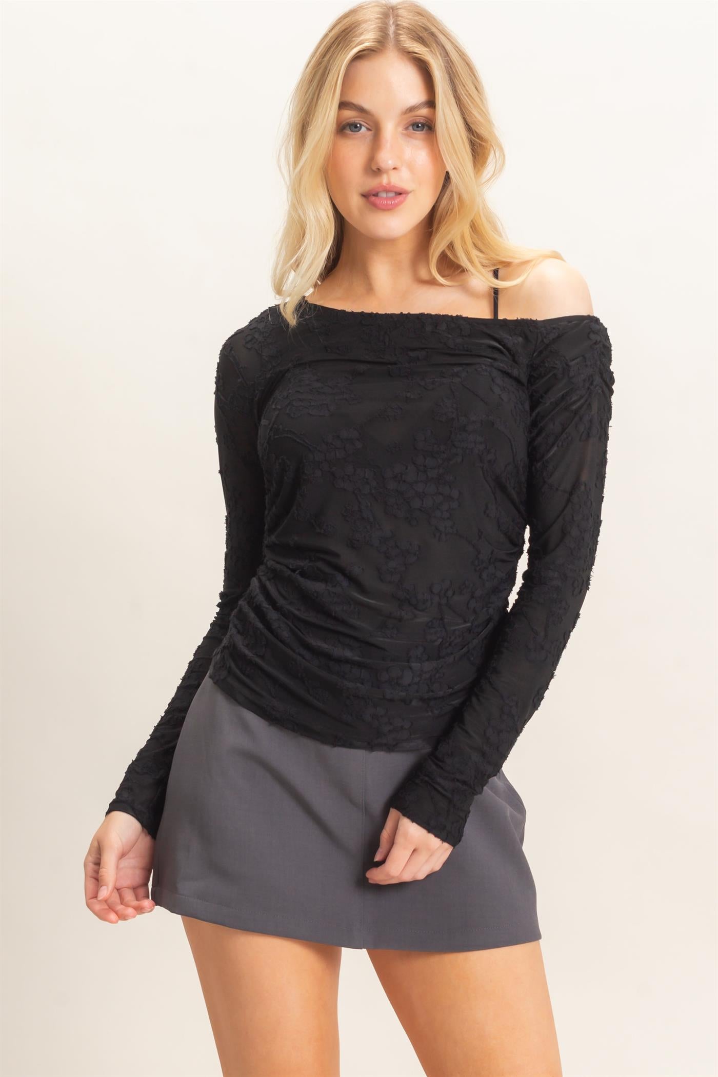 Wholesale Textured Mesh Off-Shoulder Top Blouses HF26F043 BLACK HYFVE