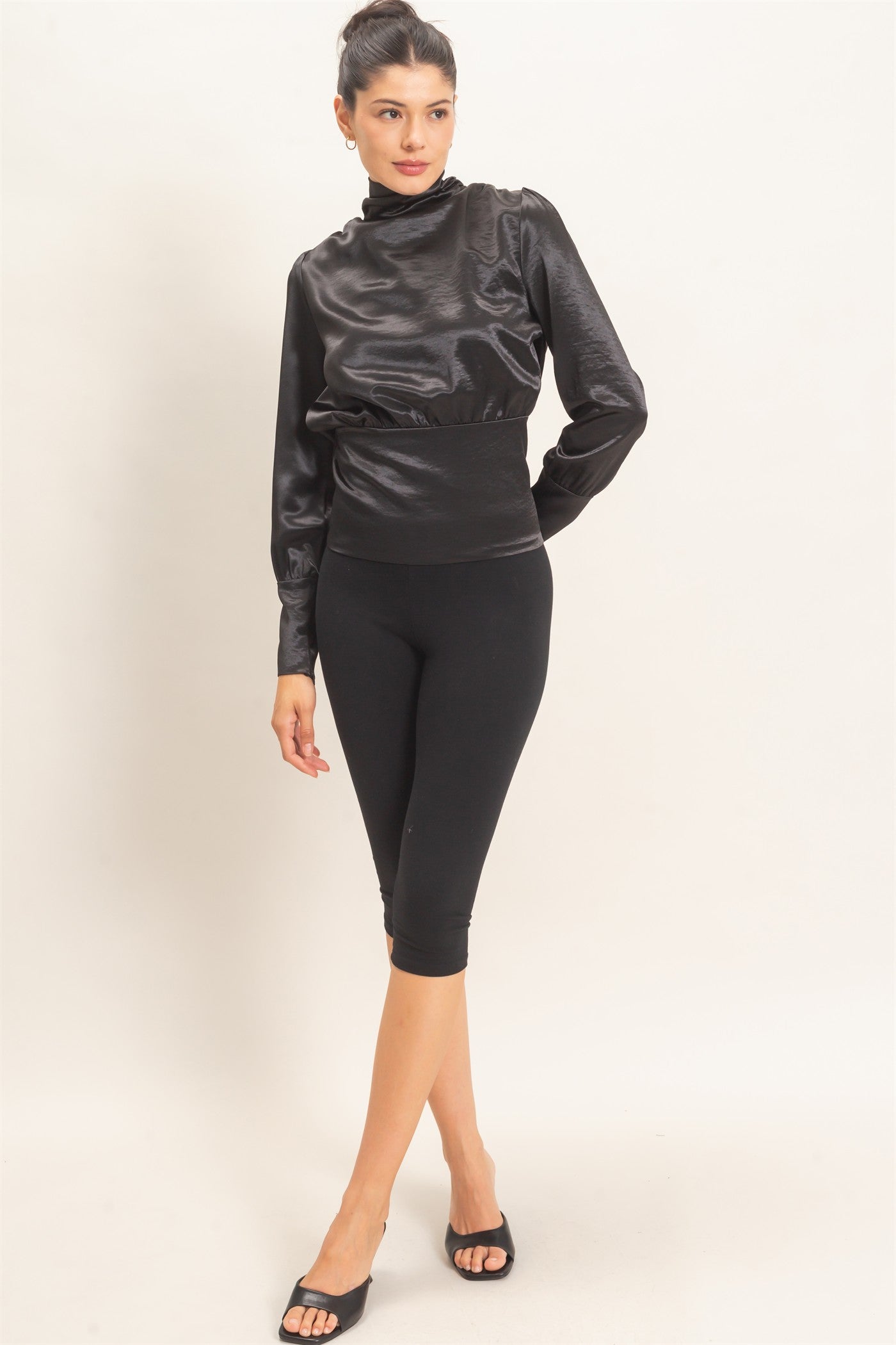 Wholesale Satin Cowl Back Blouse Blouses HF26F113 BLACK HYFVE