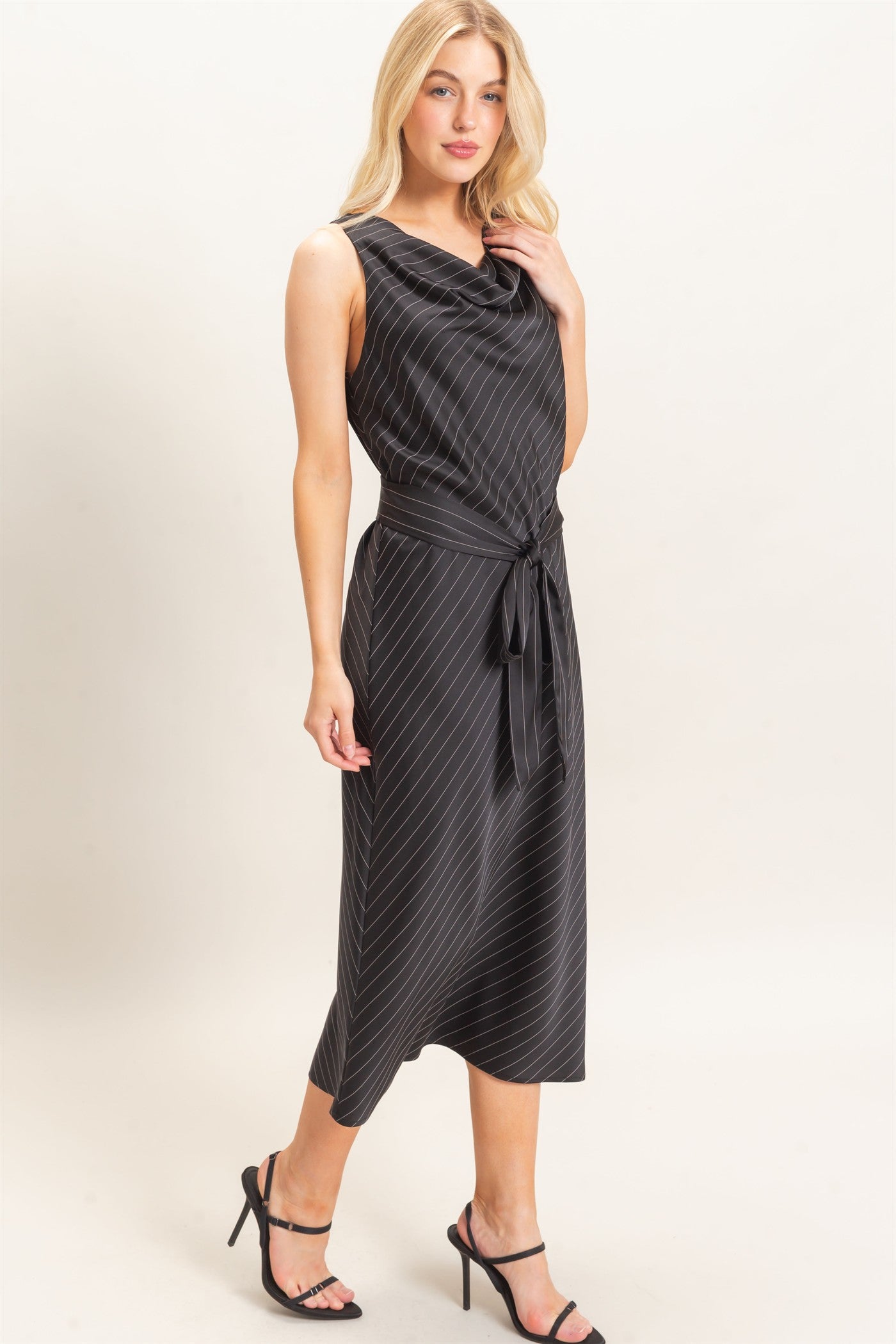 Wholesale Cowl Neck Sleeveless Belted Dress Dresses HF25E739 BLACK HYFVE