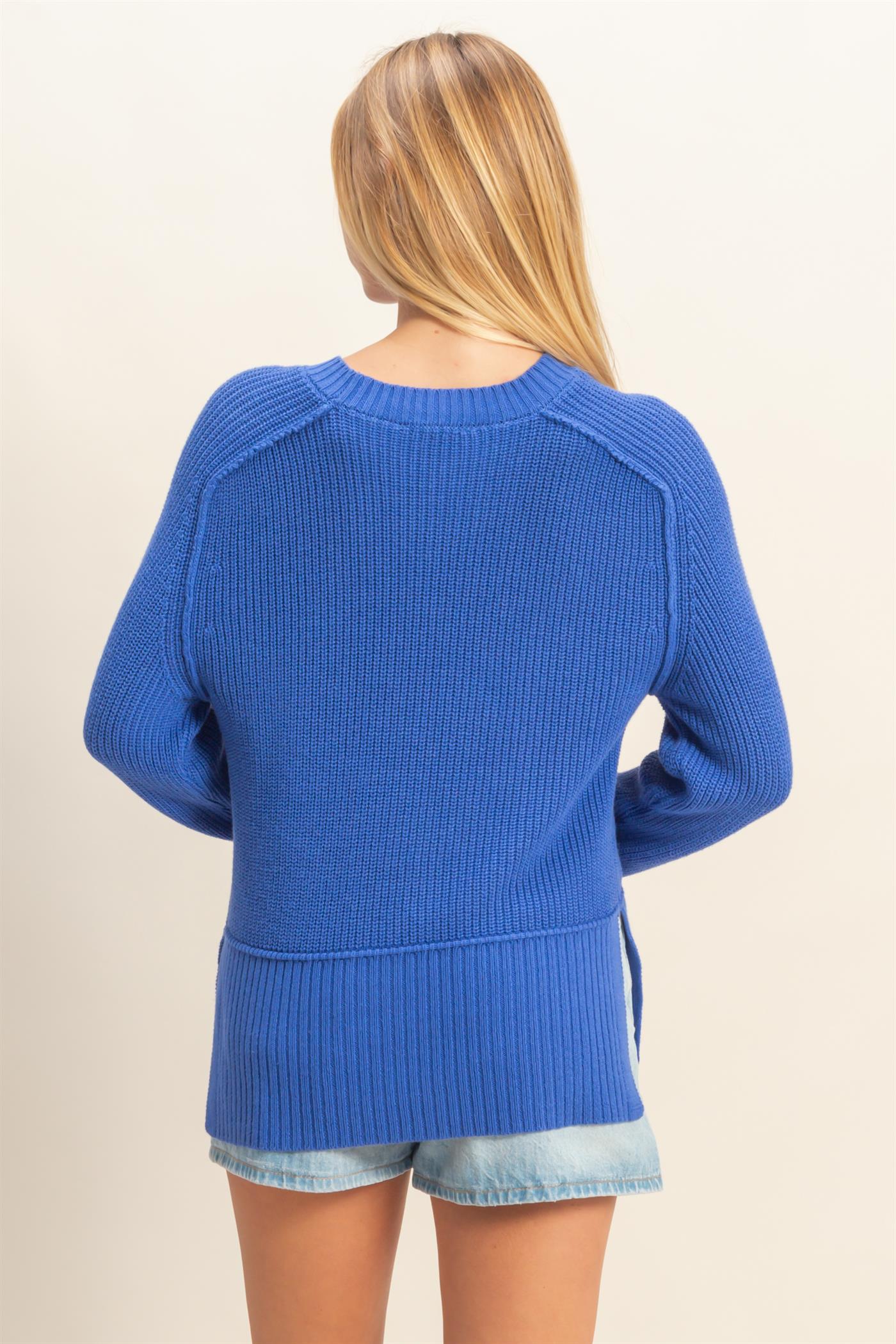 Wholesale Ragaln Long Sleeve Side Slit Sweater Sweaters DZ25E812 COBALT DOUBLE ZERO