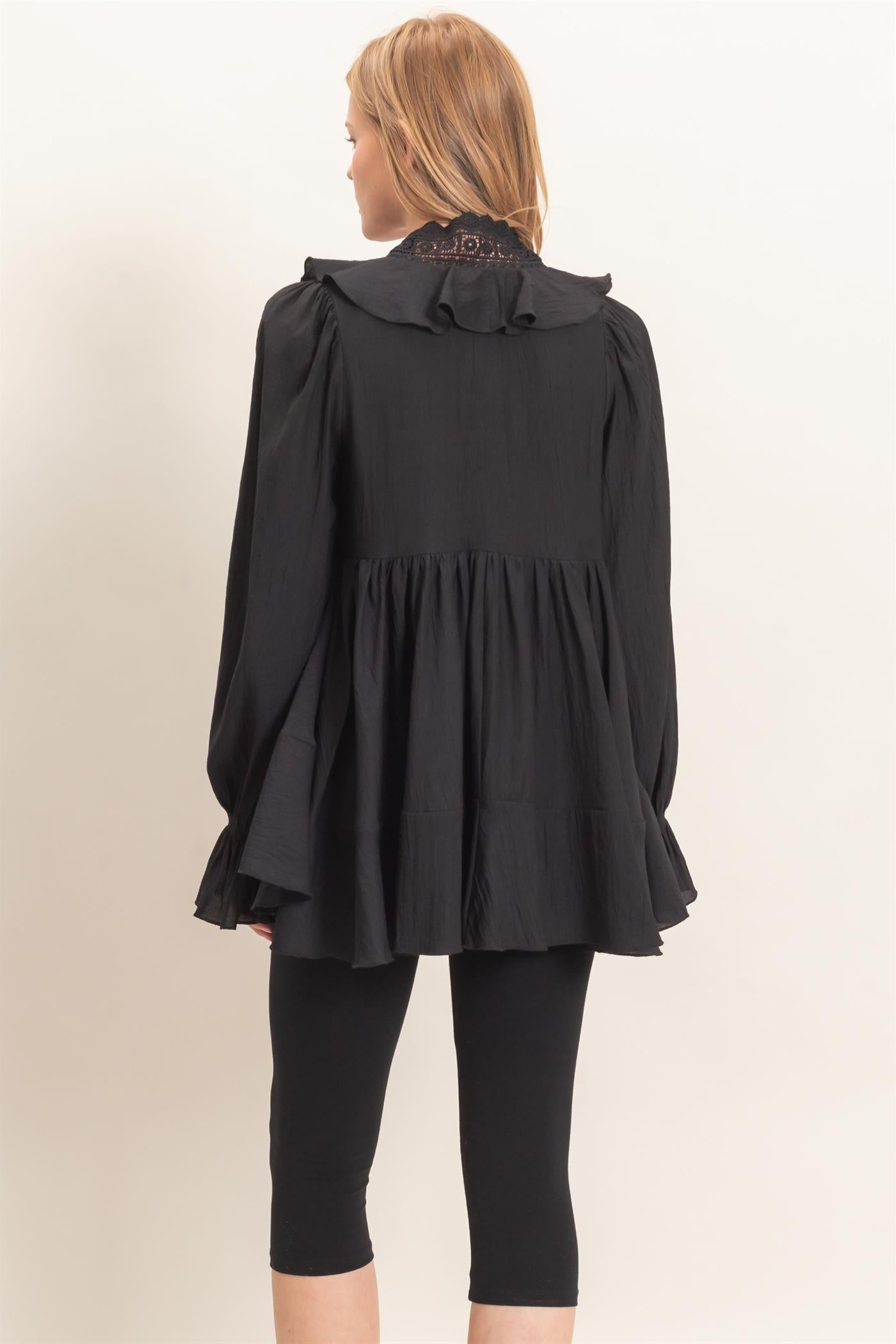 Wholesale Ruffle Lace Tie Neck Blouse Tunics HF26E642 BLACK HYFVE