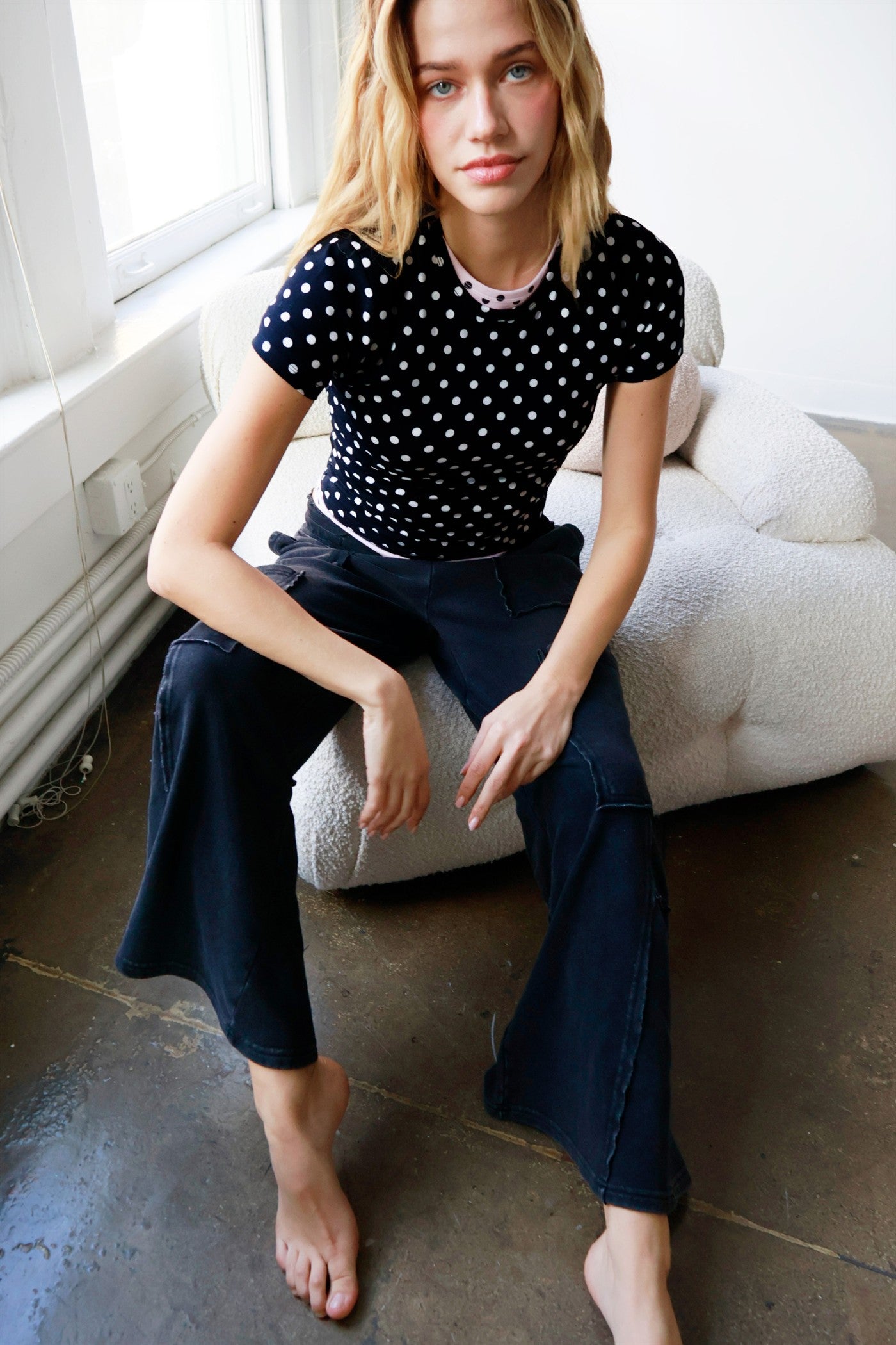 Wholesale Polka Dot Short Sleeve Crew Neck Top Clothing Tops DZ26C383 BLACK DOUBLE ZERO