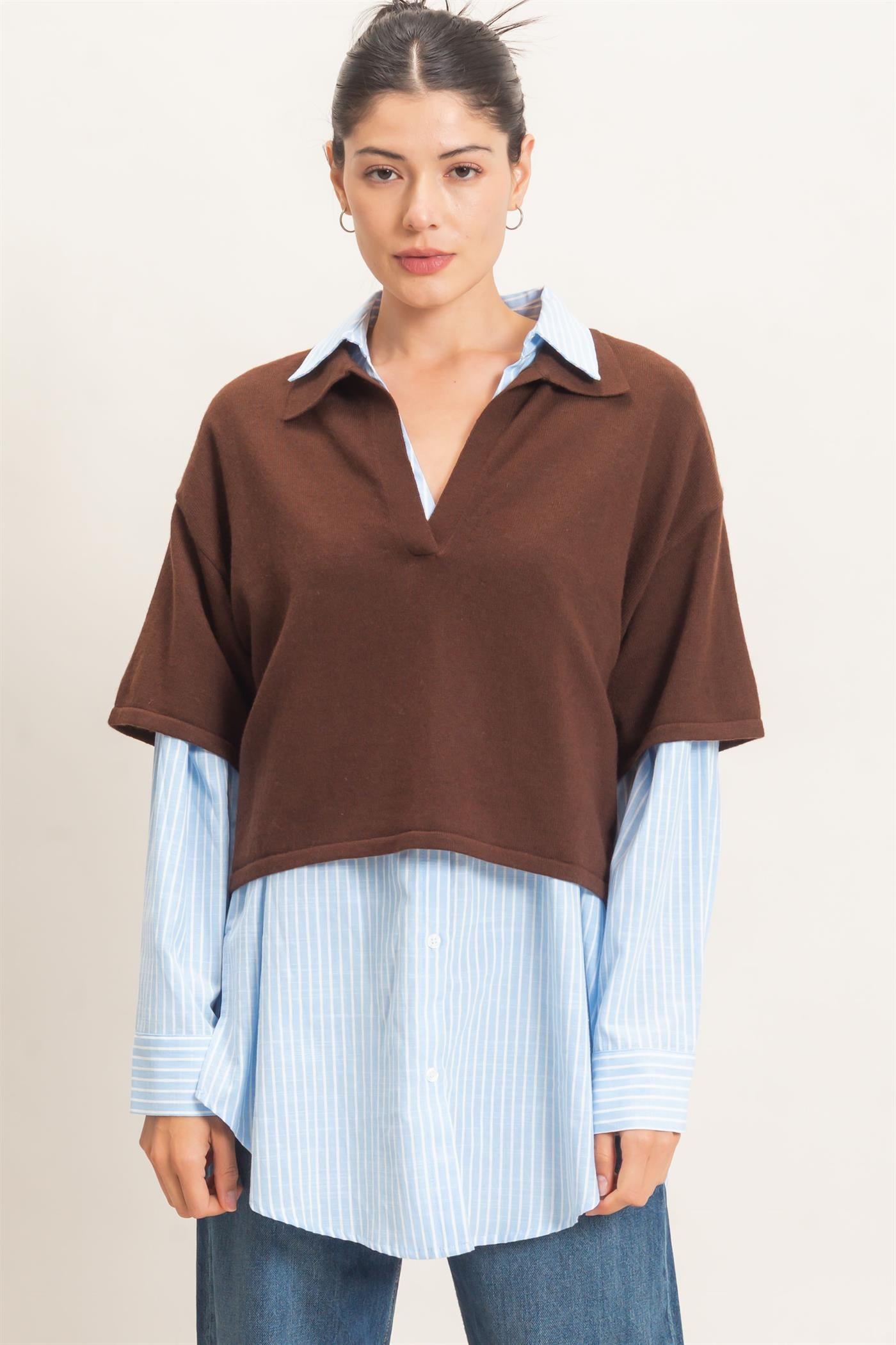 Wholesale Collared V-Neck Sweater Sweaters HF26E038 DARK BROWN HYFVE