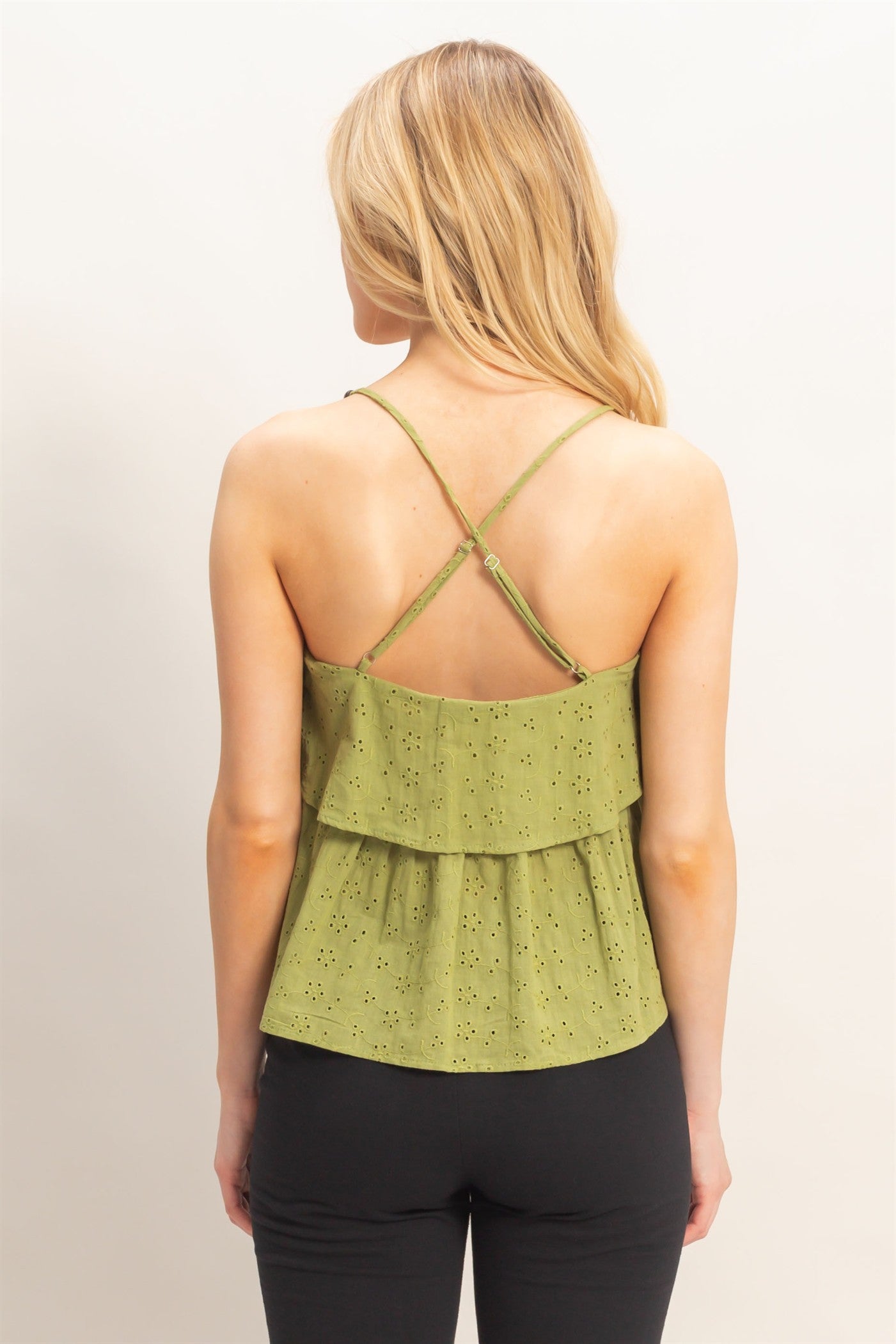 Wholesale Tiered Floral Eyelet Top Blouses HF26A852 LIGHT OLIVE HYFVE