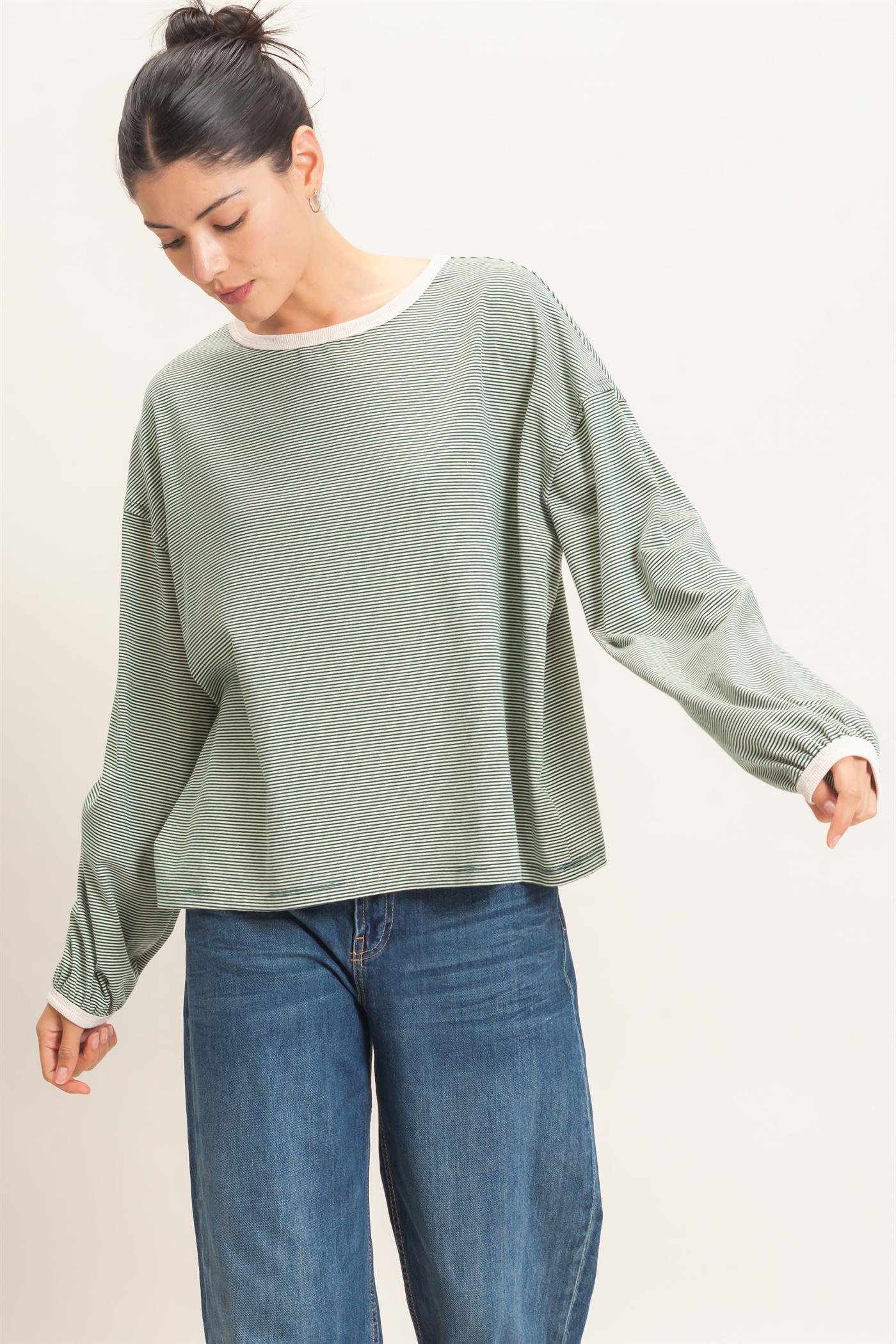 Wholesale Striped Boat Neck Long Sleeve Top Clothing Tops HF26E674 GREEN HYFVE