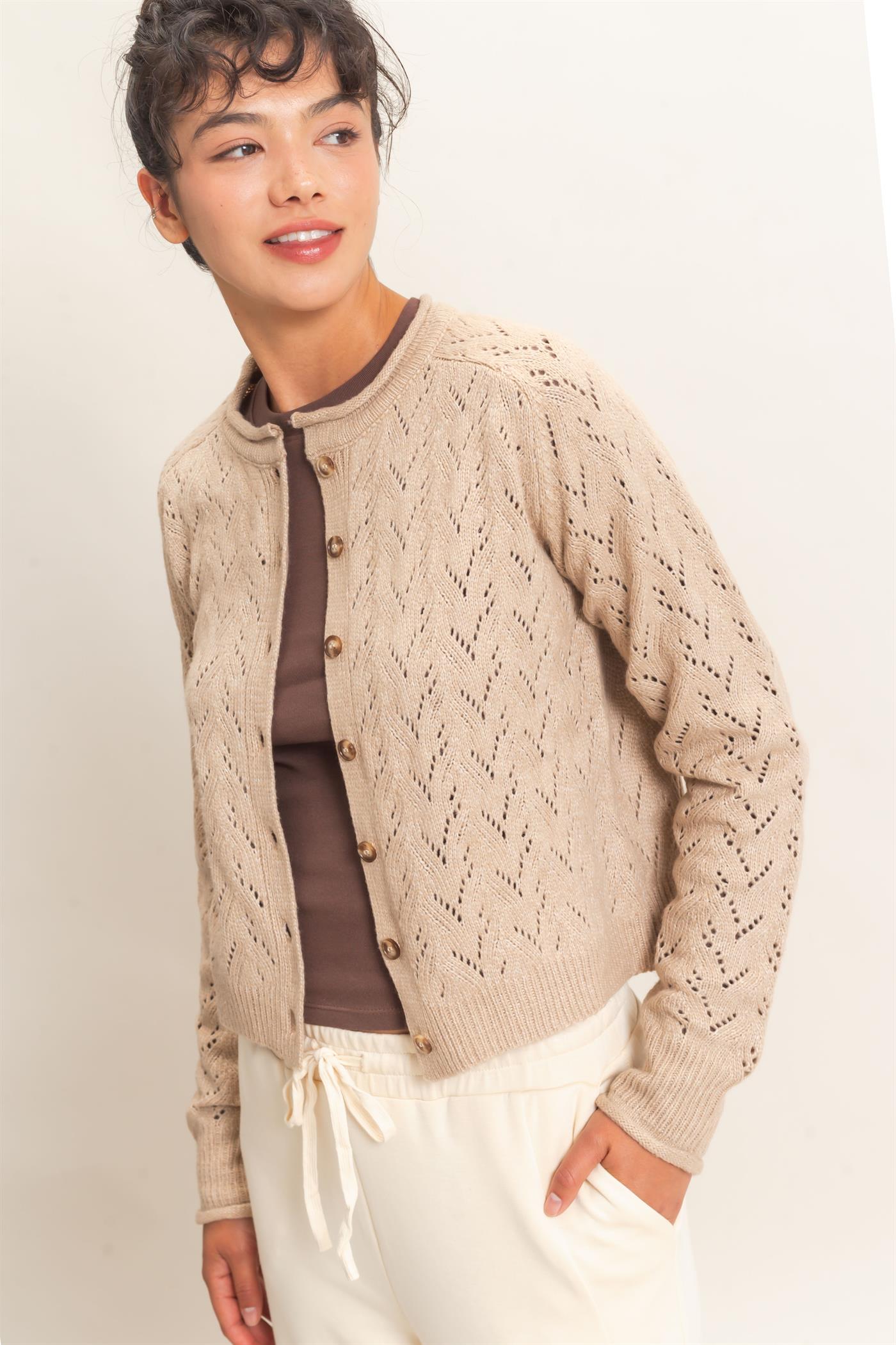 Wholesale Pointelle Knit Button Front Cardigan Cardigans DZ26C978 DARK TAUPE DOUBLE ZERO