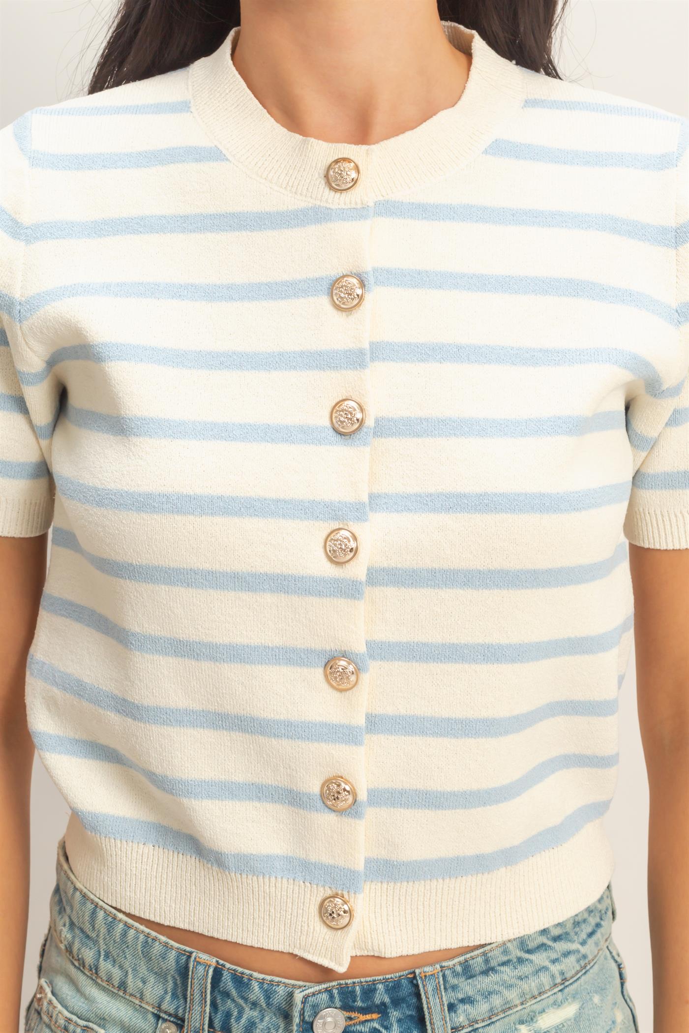 Wholesale Striped Short Sleeve Button Up Cardigan Cardigans DZ26A604 ICE BLUE DOUBLE ZERO