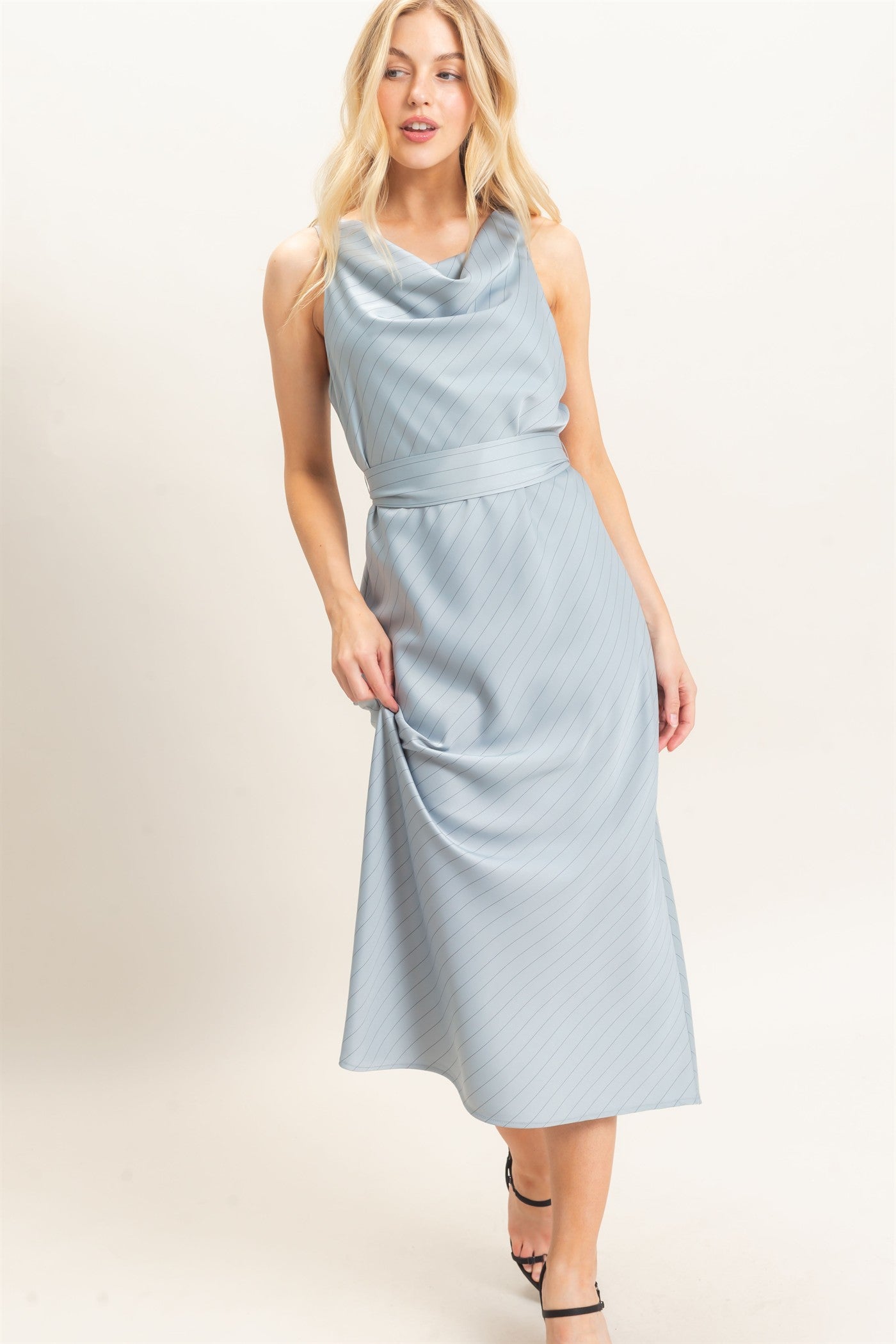 Wholesale Cowl Neck Sleeveless Belted Dress Dresses HF25E739 DUSTY BLUE HYFVE