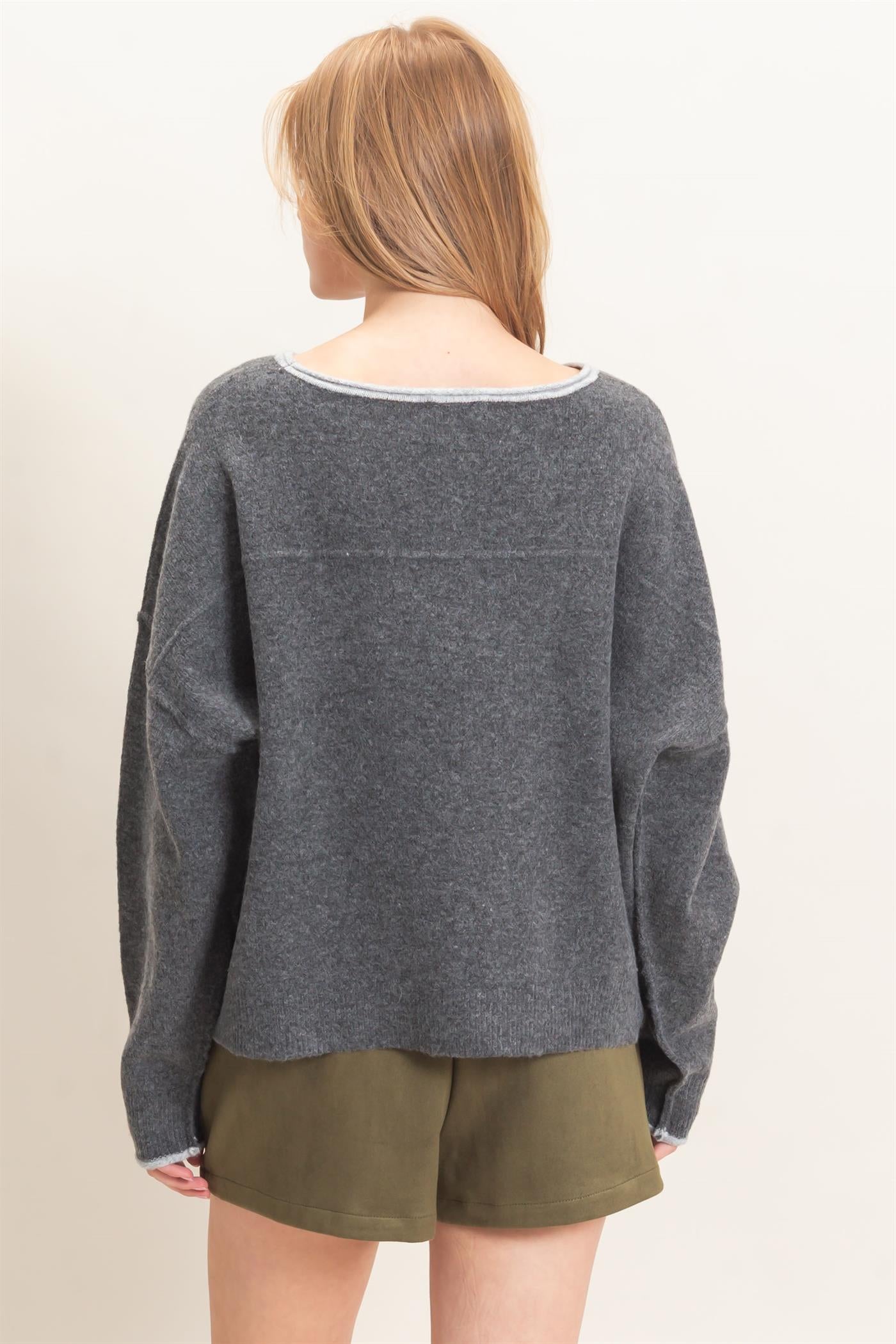 Wholesale Relaxed Wide Neck Knit Sweater Sweaters HF26E066-D CHARCOAL HYFVE