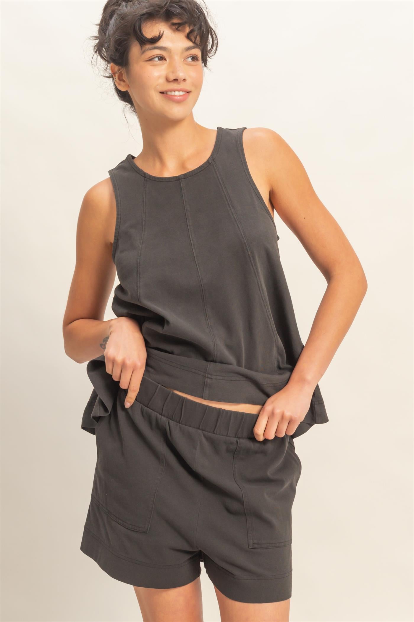 Wholesale Sleeveless Round Neck Top & Shorts Set Clothing DZ26C730-SET BLACK DOUBLE ZERO