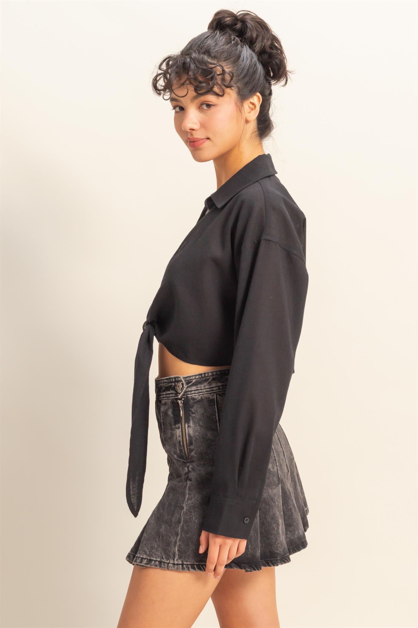 Wholesale Sand Washed Tie Front Crop Top Blouses DZ24C963 BLACK DOUBLE ZERO