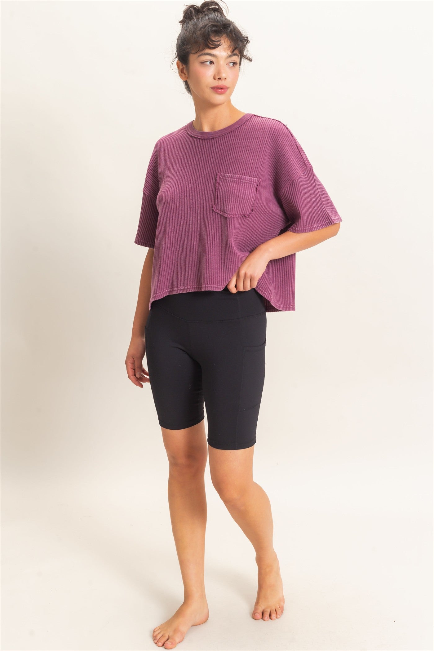 Wholesale Mineral Wash Waffle Knit Pocket Top Clothing Tops DZ26E222 DARK CHERRY DOUBLE ZERO