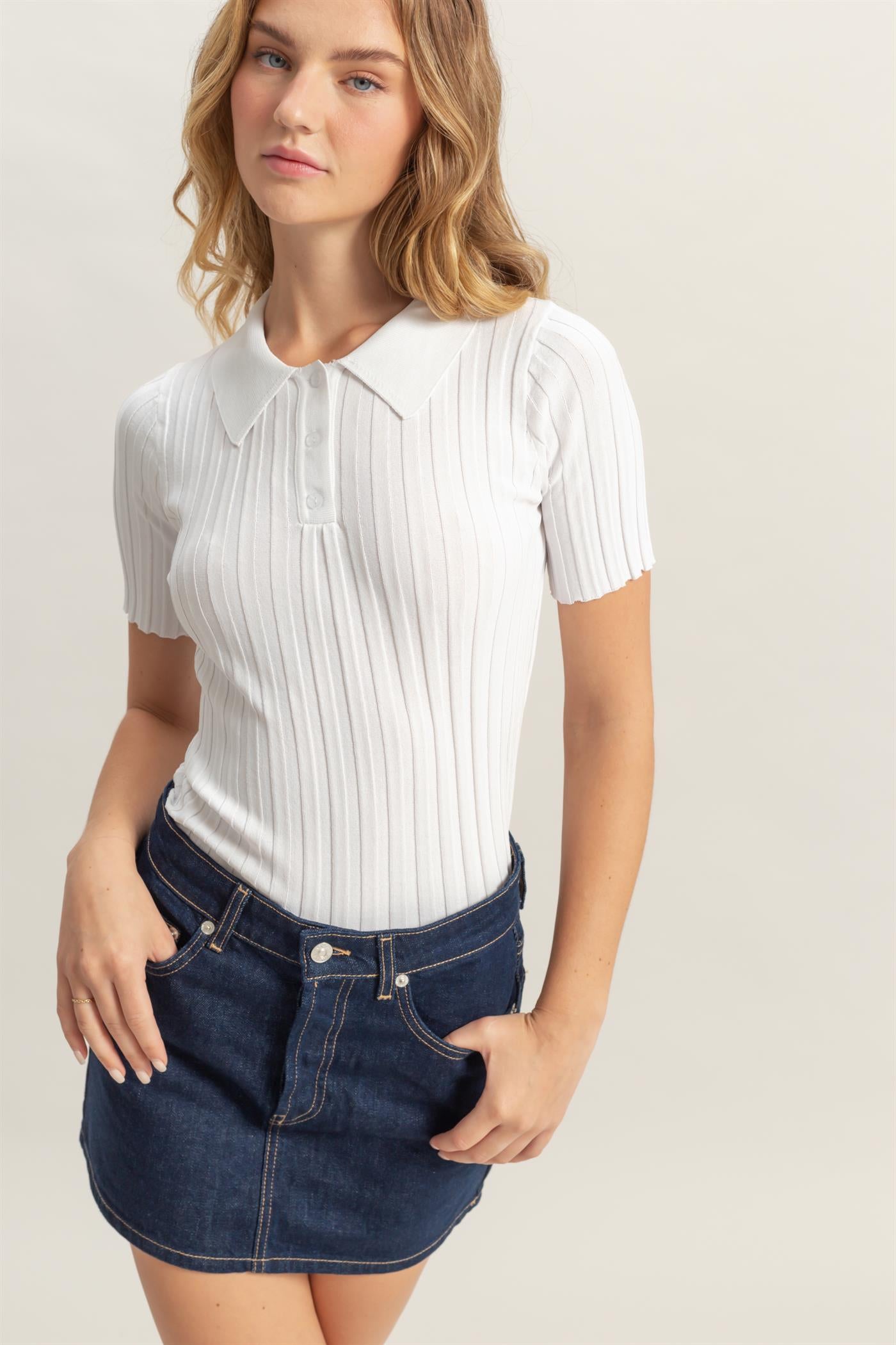 Wholesale Rib Knitted Short Sleeve Polo Top Clothing Tops DZ25C246 OFF WHITE DOUBLE ZERO