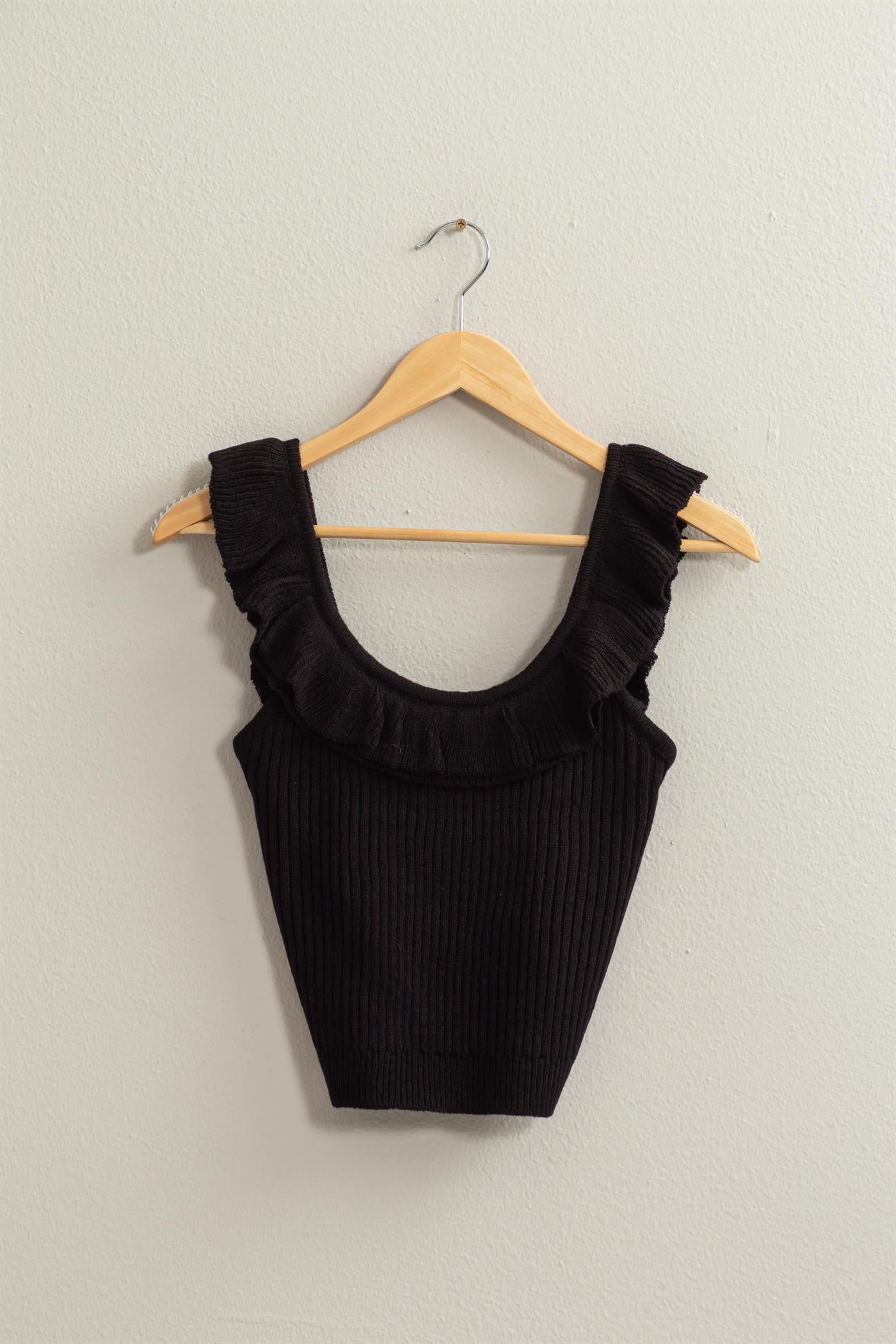 Wholesale Ribbed Ruffle Crop Top Clothing Tops DZ24A505 BLACK DOUBLE ZERO