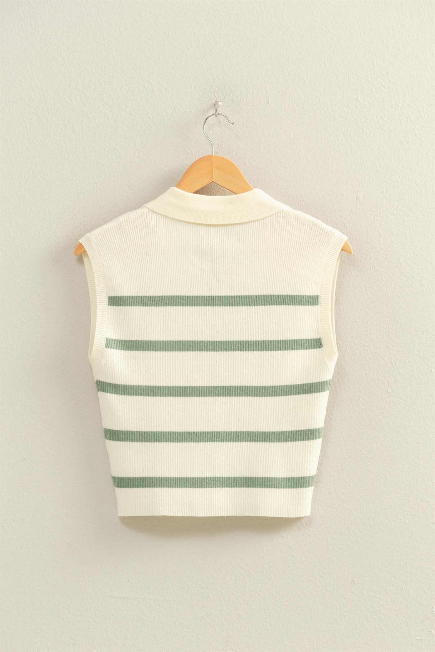 Wholesale Collared Striped Polo Vest Clothing Tops DZ26A337 SAGE GREEN DOUBLE ZERO