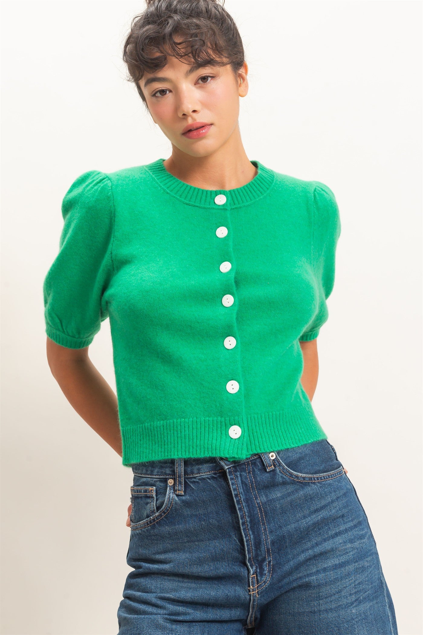 Wholesale Button Front Puff Short Sleeve Cardigan Cardigans DZ26C960 EMERALD DOUBLE ZERO