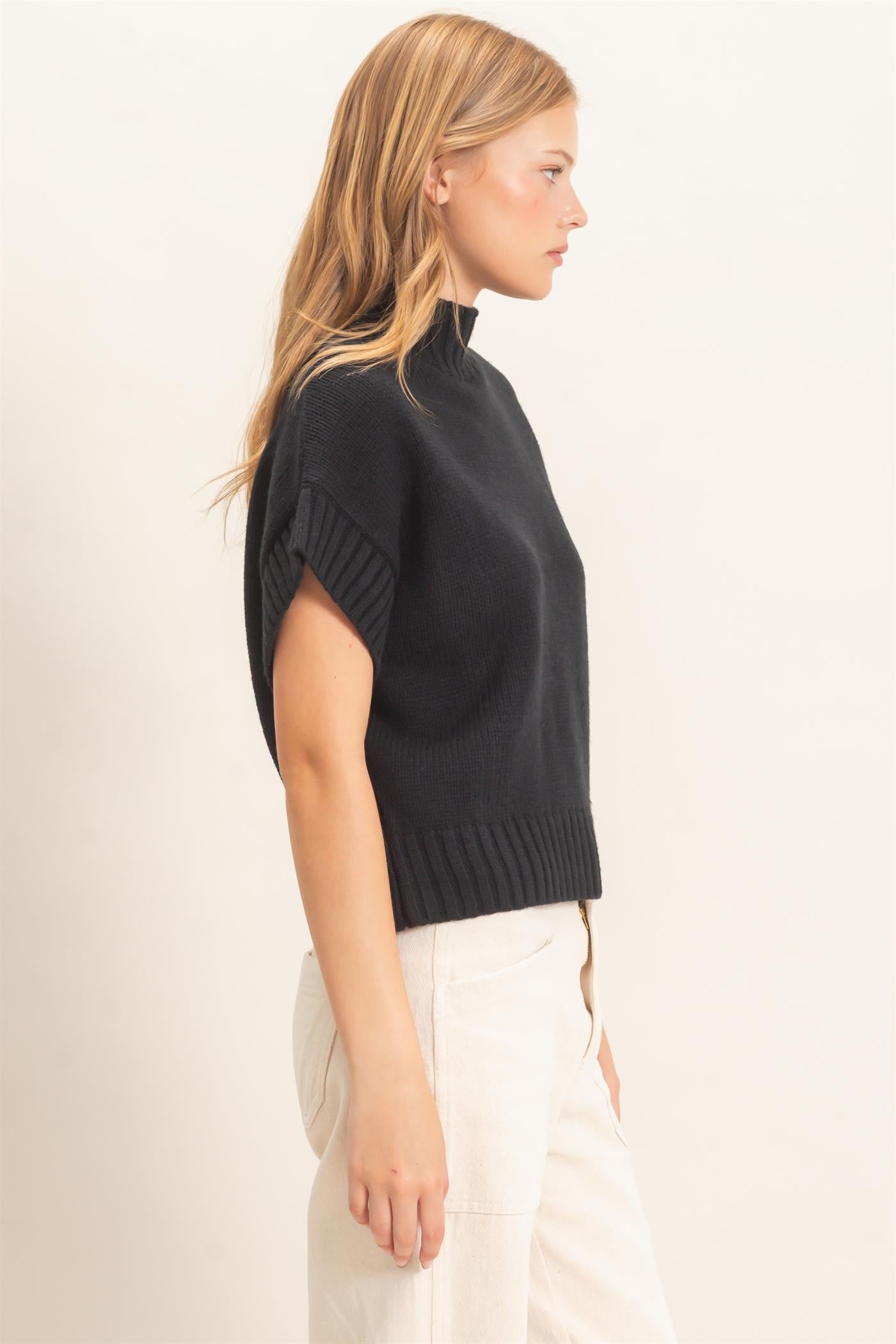 Wholesale Ribbed Mock Neck Sweater Vest Sweaters HF26F186-D BLACK HYFVE