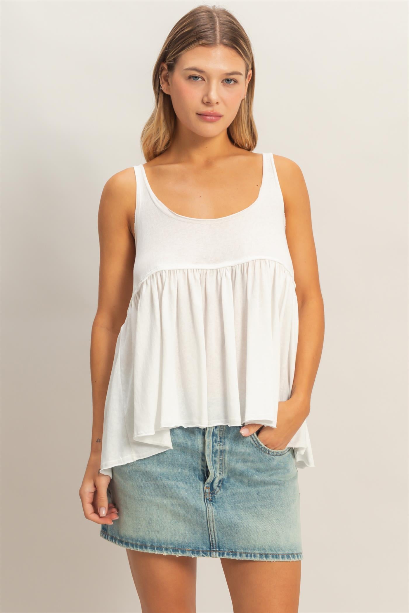 Wholesale Scoop Neck Babydoll Top Tank Tops HF26A376 WHITE HYFVE