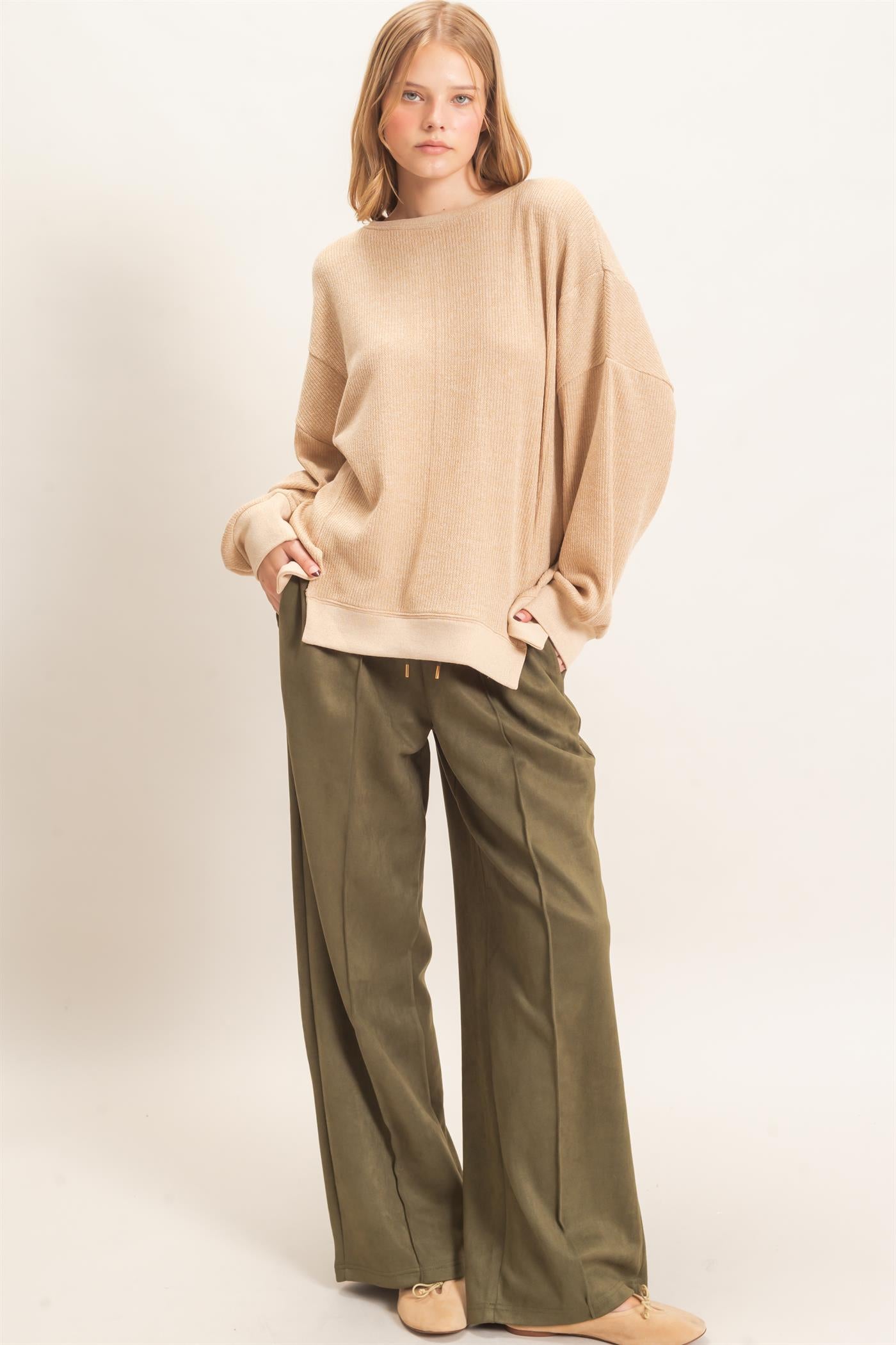 Wholesale Ribbed Boat Neck Knit Top Clothing Tops HF26E852 CAMEL HYFVE