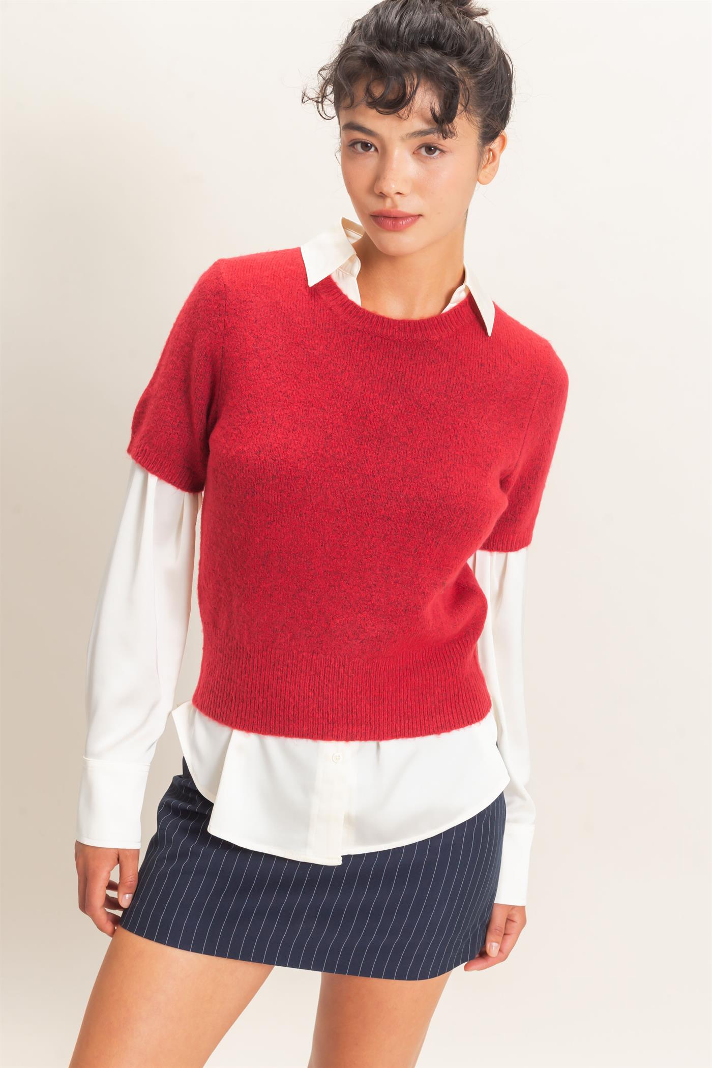 Wholesale Crew Neck Short Sleeve Knit Top Clothing Tops DZ26E944 DARK RED DOUBLE ZERO