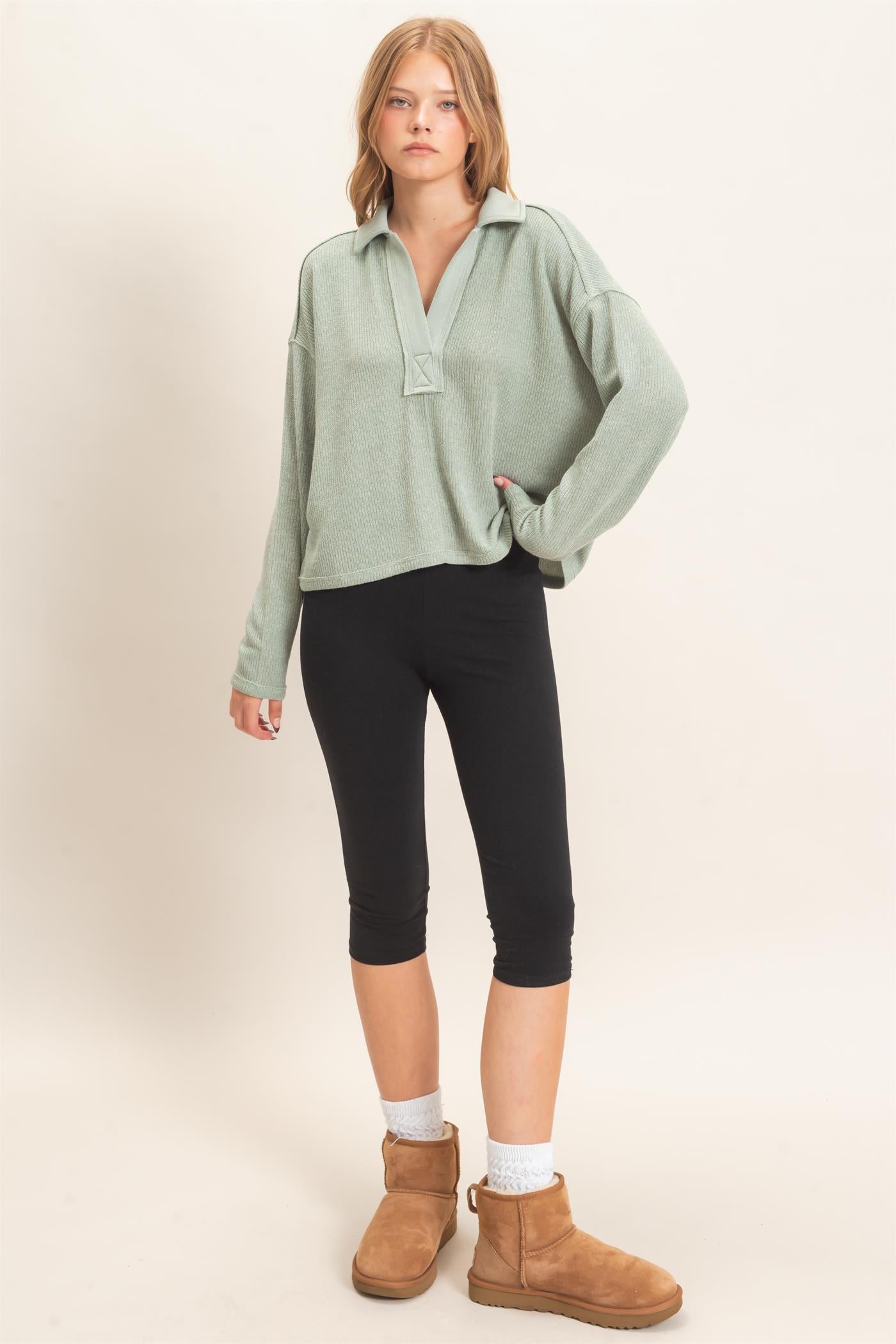 Wholesale Ribbed Collared Pullover Top Clothing Tops HF26E472 SAGE HYFVE
