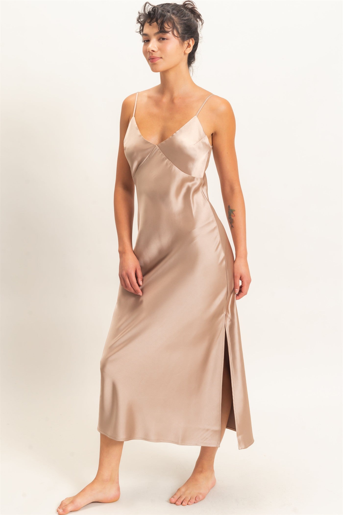 Wholesale Satin V-Neck Slip Dress Dresses DZ26E262 DARK TAUPE DOUBLE ZERO