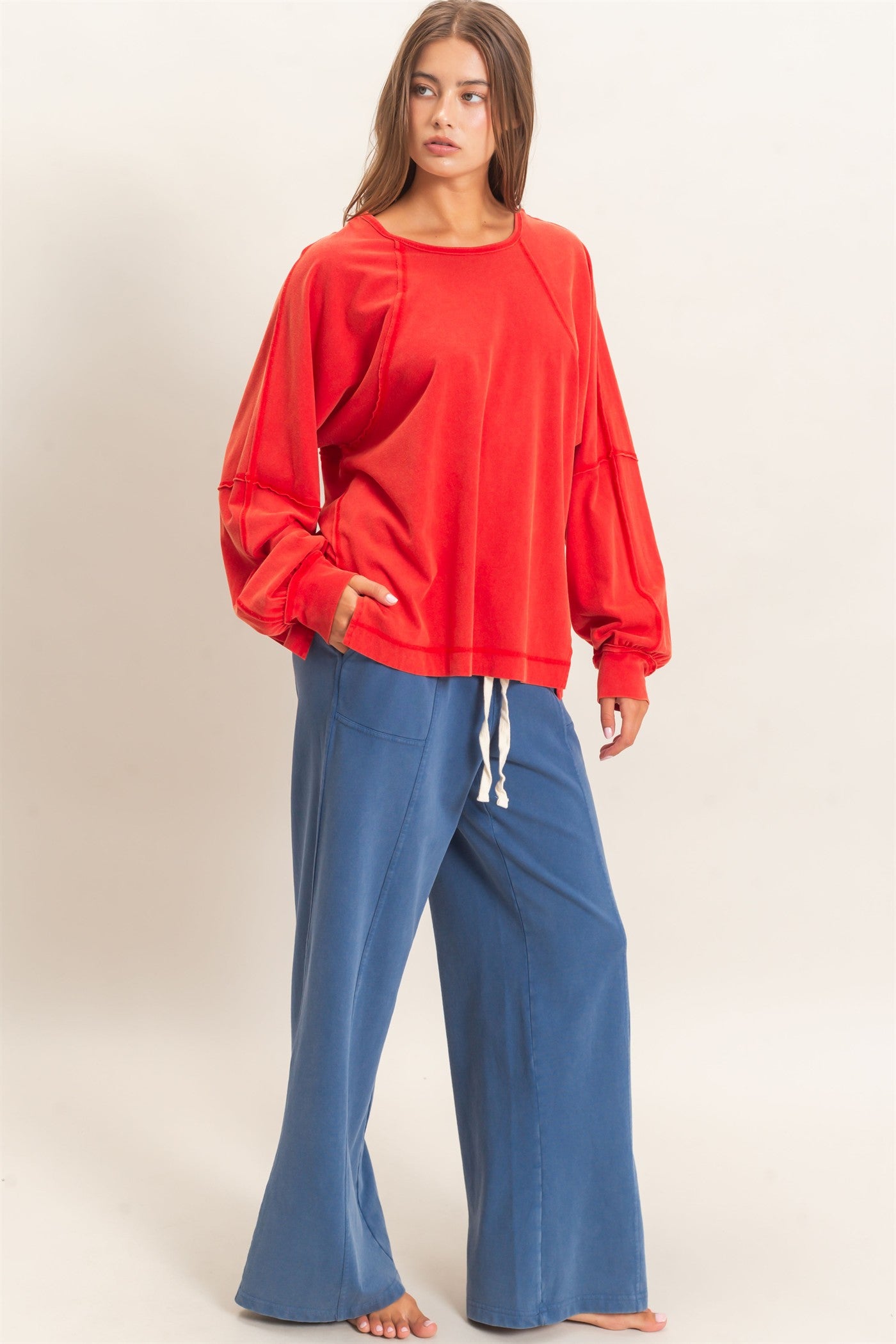 Wholesale Raglan Sleeve Snow Wash Top Shirts DZ26E945 RED DOUBLE ZERO