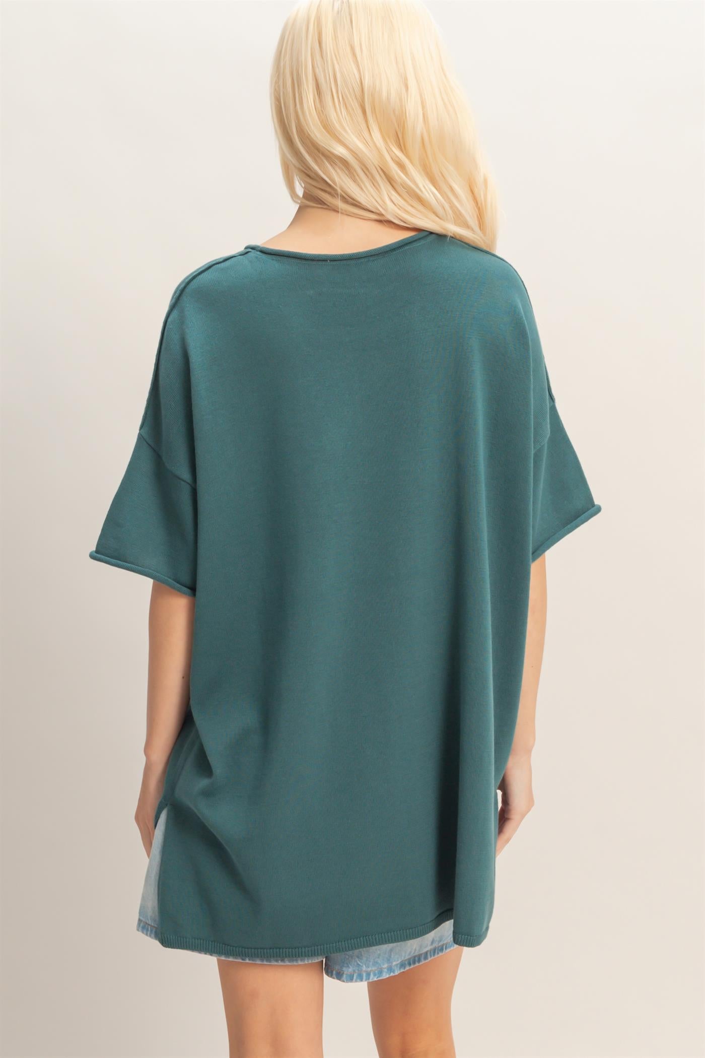 Wholesale Oversized Short Sleeve Round Neck Pocket Knit Top Clothing Tops DZ26A691 DARK TEAL DOUBLE ZERO