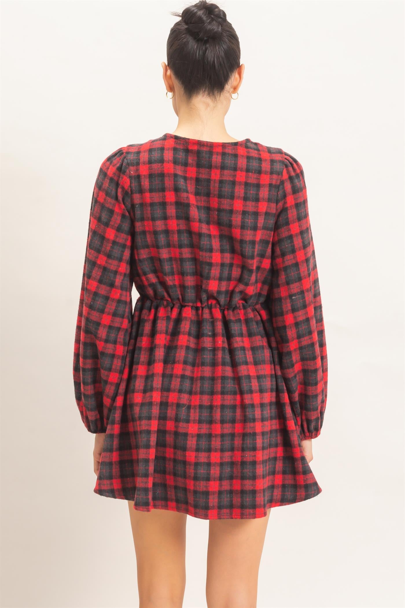 Wholesale Plaid Velvet Ribbon Tie Mini Dress Dresses HF26E965 RED HYFVE
