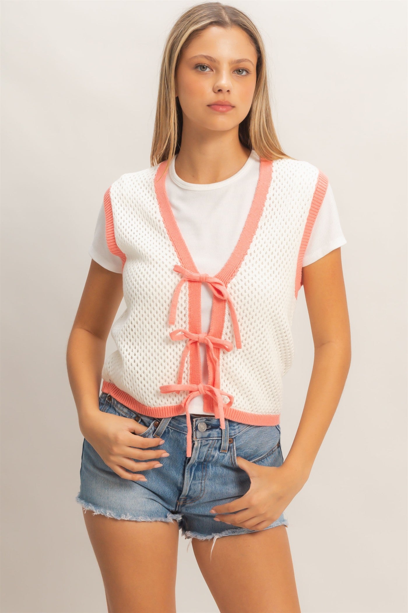 Wholesale Knit Vest With Tie Closure Sweaters HF26A238 IVORY/CORAL HYFVE