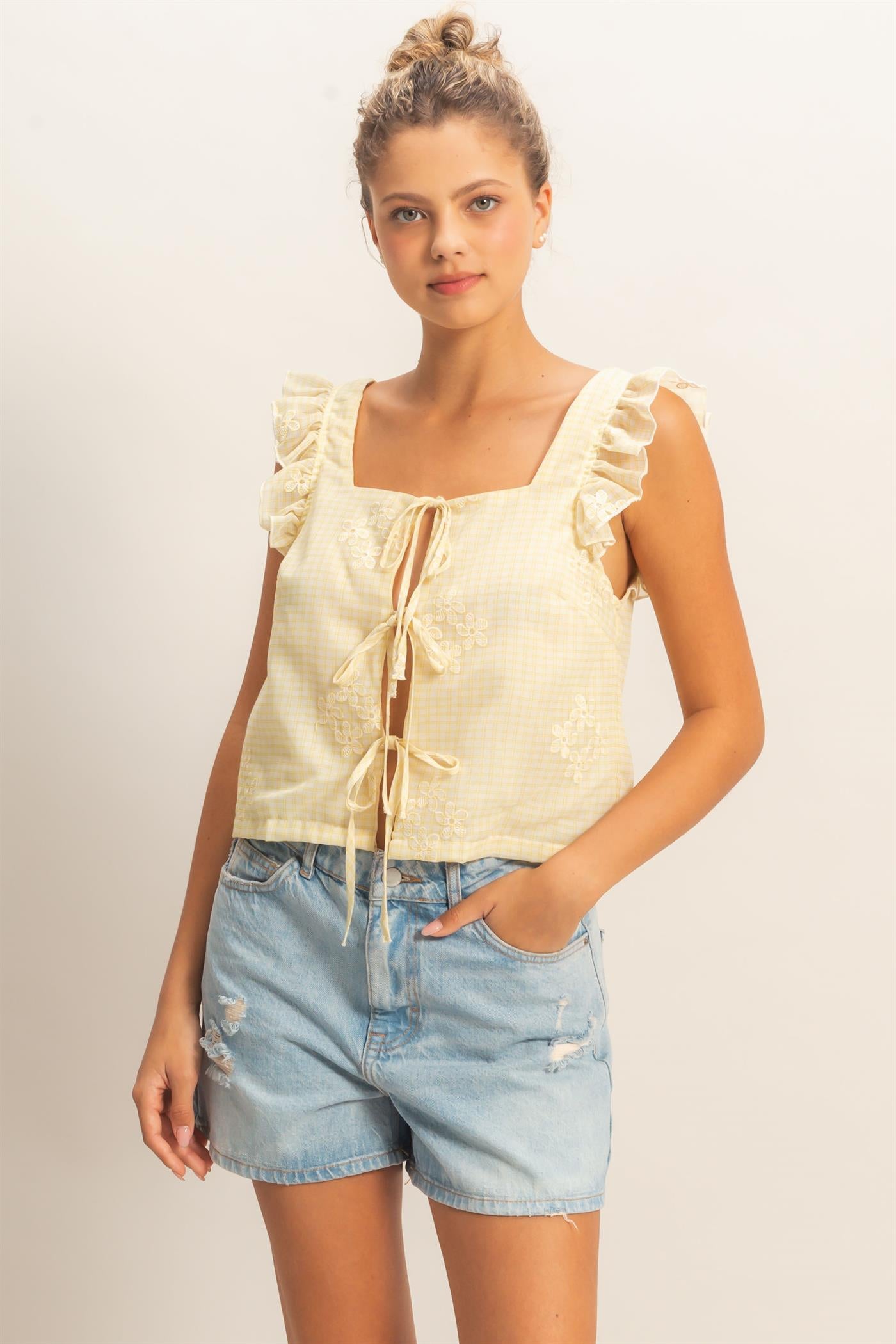 Wholesale Embroidered Gingham Tie Front Top Clothing HF26A501 YELLOW HYFVE