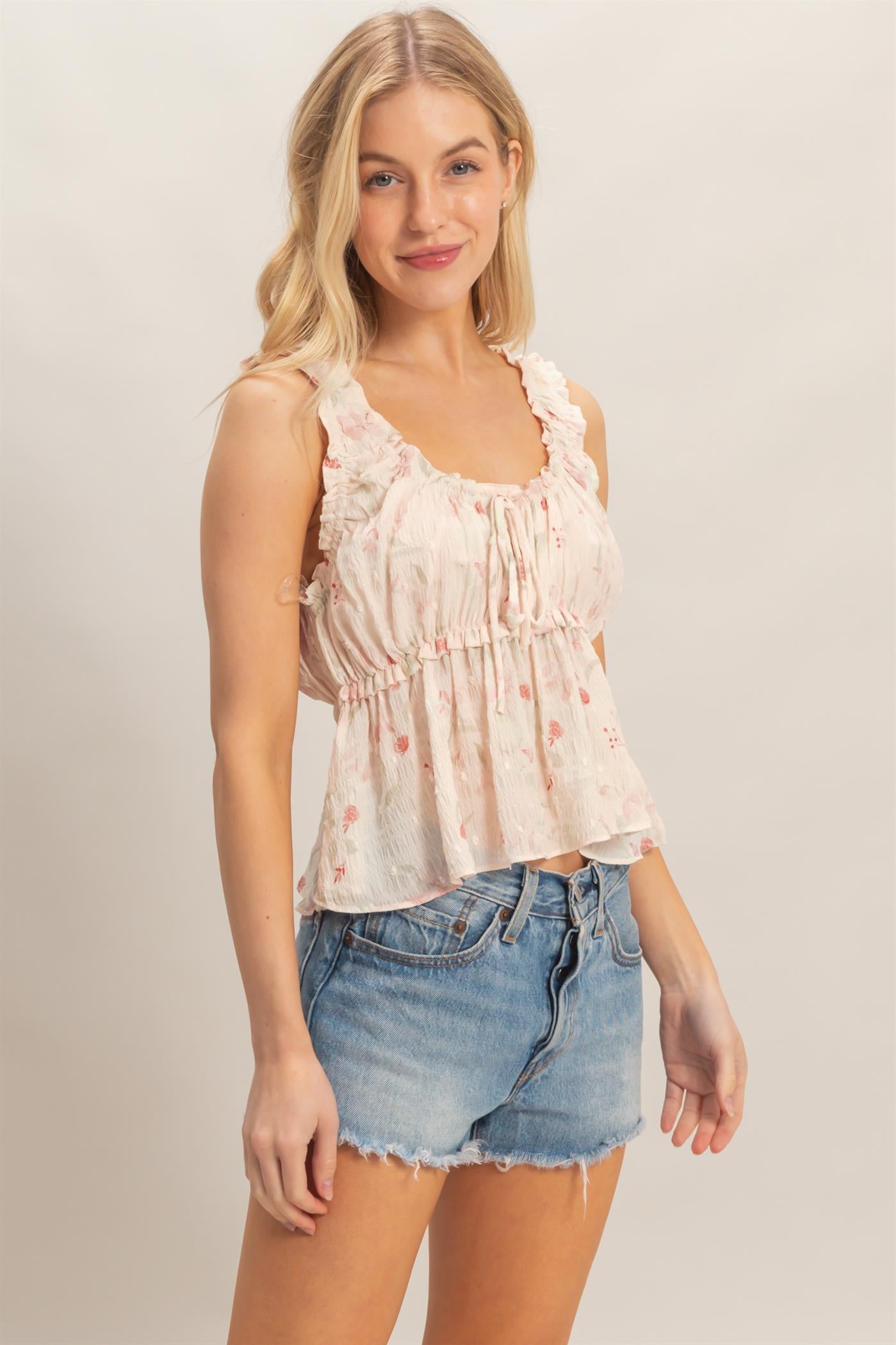 Wholesale Ruffled Swiss Dot Peplum Top Blouses HF26A146 ROSE HYFVE