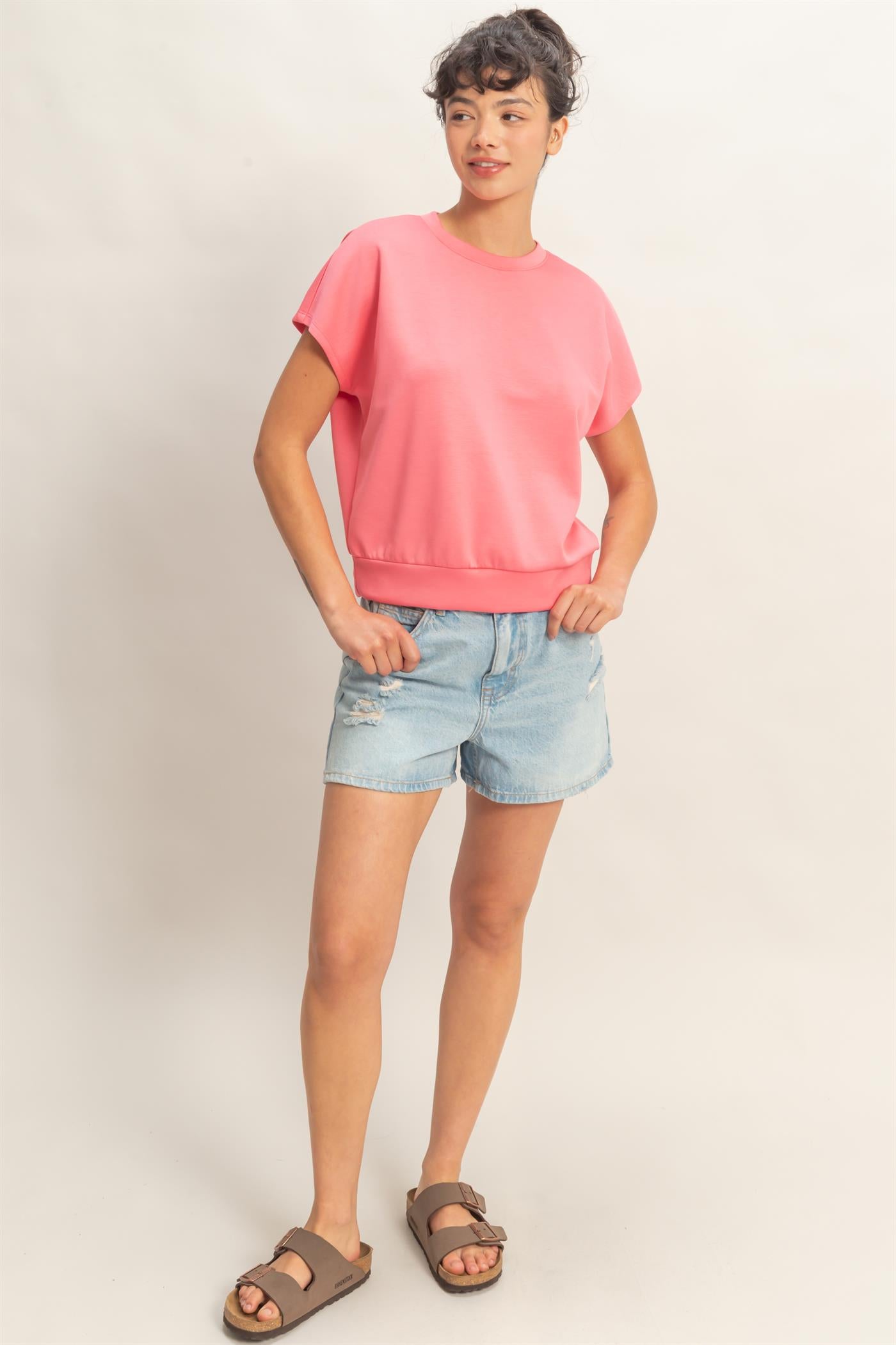 Wholesale Crew Neck Short Dolman Sleeve Top Clothing Tops DZ26C205 TAFFY PINK DOUBLE ZERO