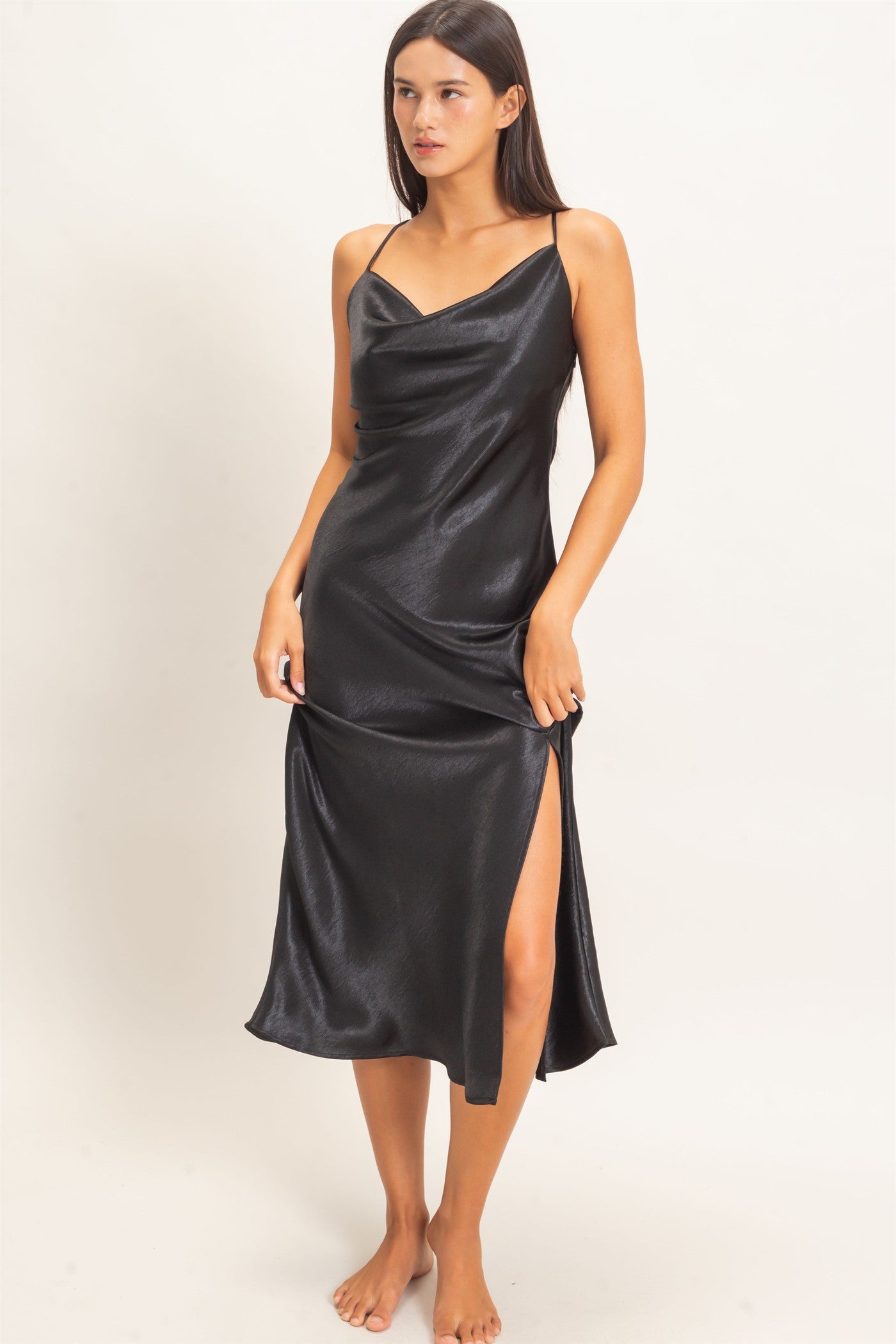 Wholesale Cowl Neck Satin Slip Dress Dresses DZ26E251 BLACK DOUBLE ZERO