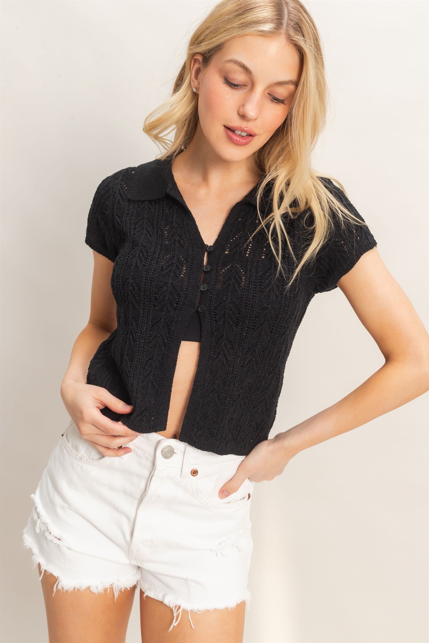 Wholesale Pointelle Knit Collared Cardigan Clothing Tops HF26A856 BLACK HYFVE