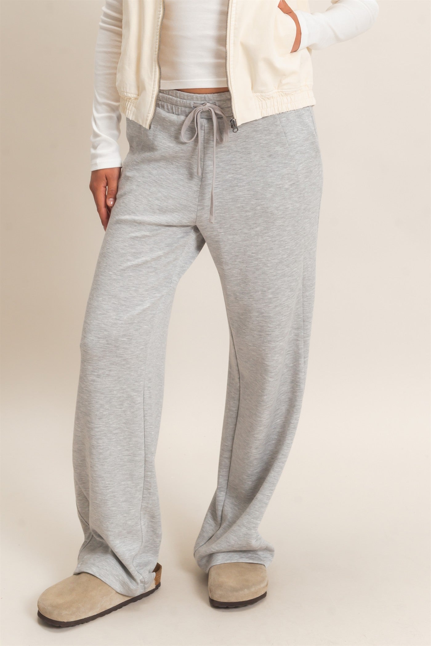 Wholesale Elastic Waist Straight Leg Pants Pants DZ26C969 HEATHER GRAY DOUBLE ZERO