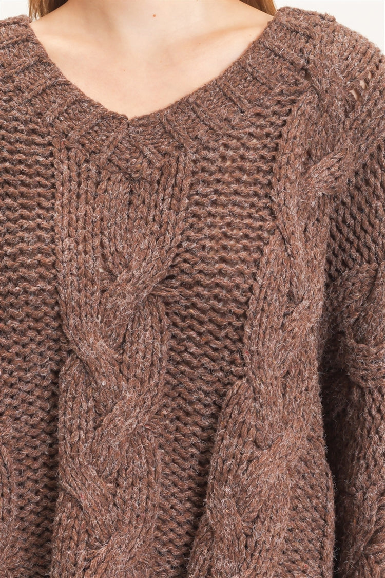 Wholesale Cable Knit V-Neck Sweater Sweaters HF26F175-D BROWN HYFVE